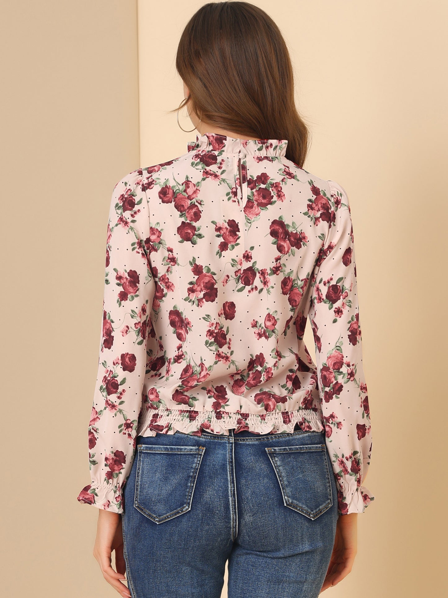 Women's Ruffled Floral Printed Vintage Collared Smocked Waist Blouse