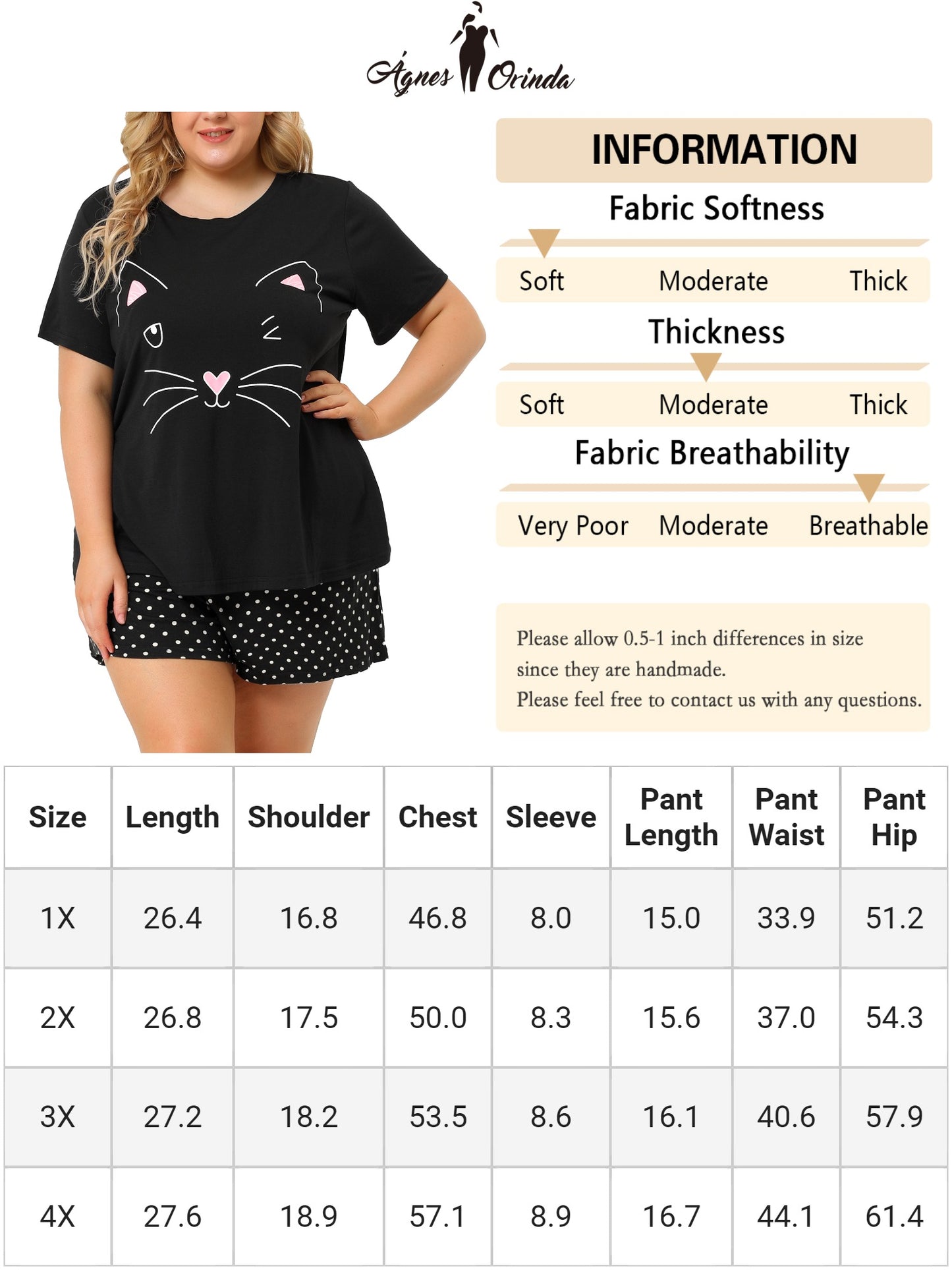 Women Plus Size Loungewear Short Sleeve Tee with Shorts Cute Cat Pajama Set