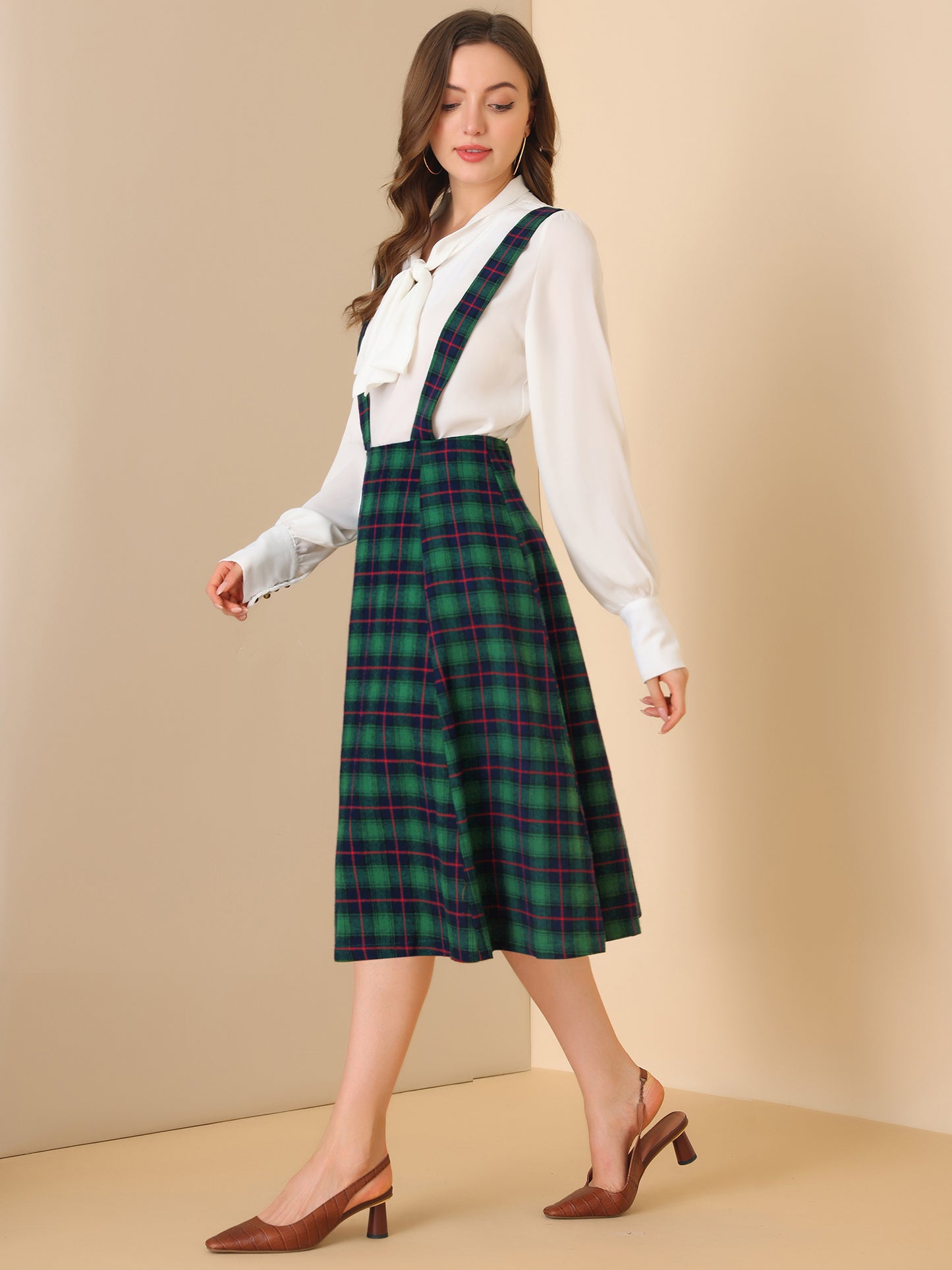 Falda de cuadros escoceses con tirantes para mujer, estilo vintage, de cintura alta, corte A, vestido midi