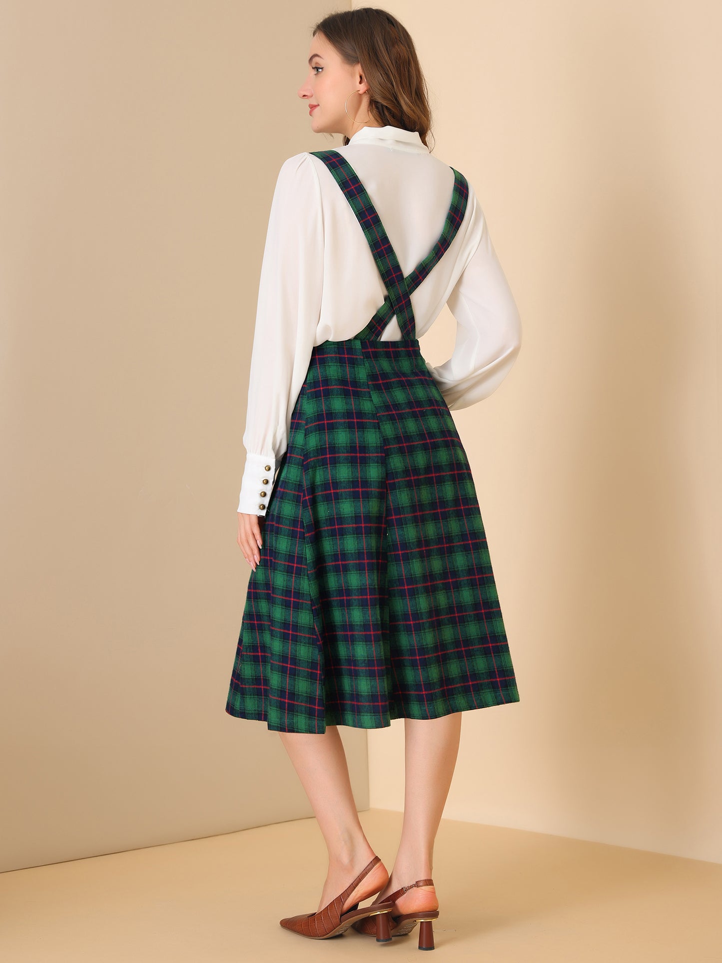 Falda de cuadros escoceses con tirantes para mujer, estilo vintage, de cintura alta, corte A, vestido midi