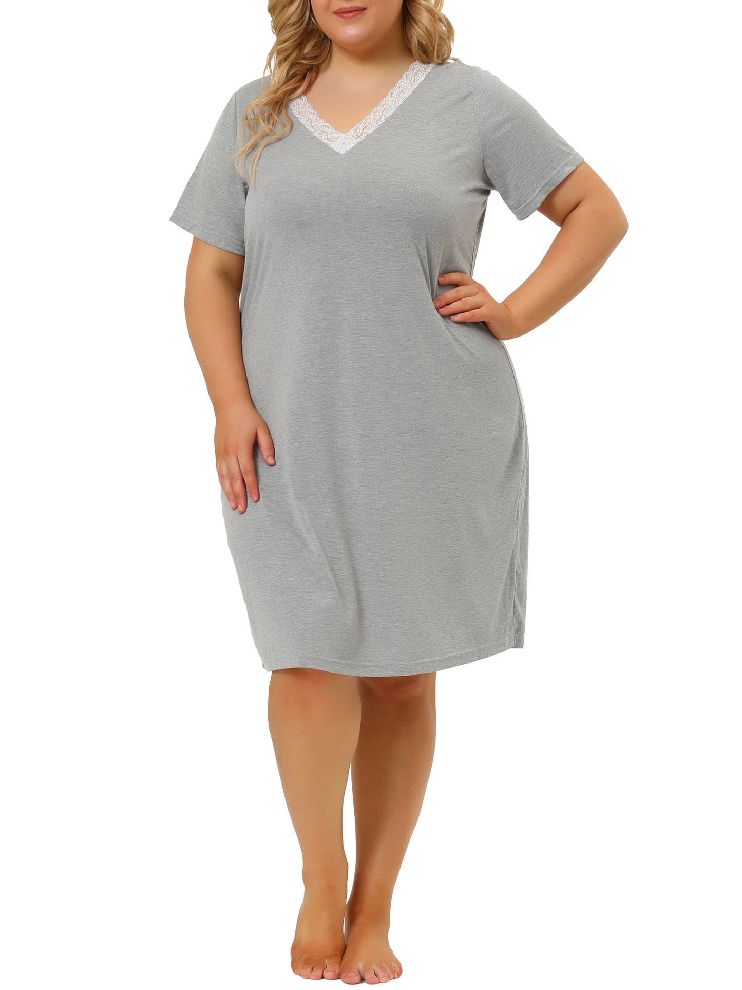 Women Plus Size Nightgowns Lace V Neck Short Sleeve Loungewear Sleepwear Dress