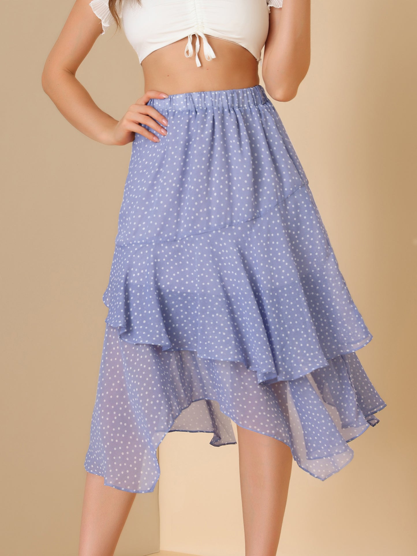 Women's Polka Dots Skirt Elastic High Waist Irregular Layered Chiffon Skirt