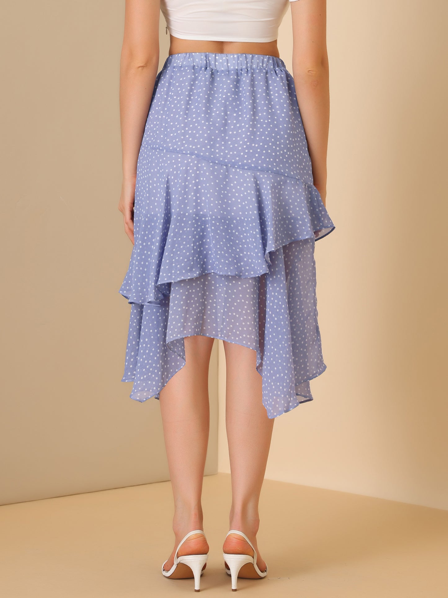 Women's Polka Dots Skirt Elastic High Waist Irregular Layered Chiffon Skirt