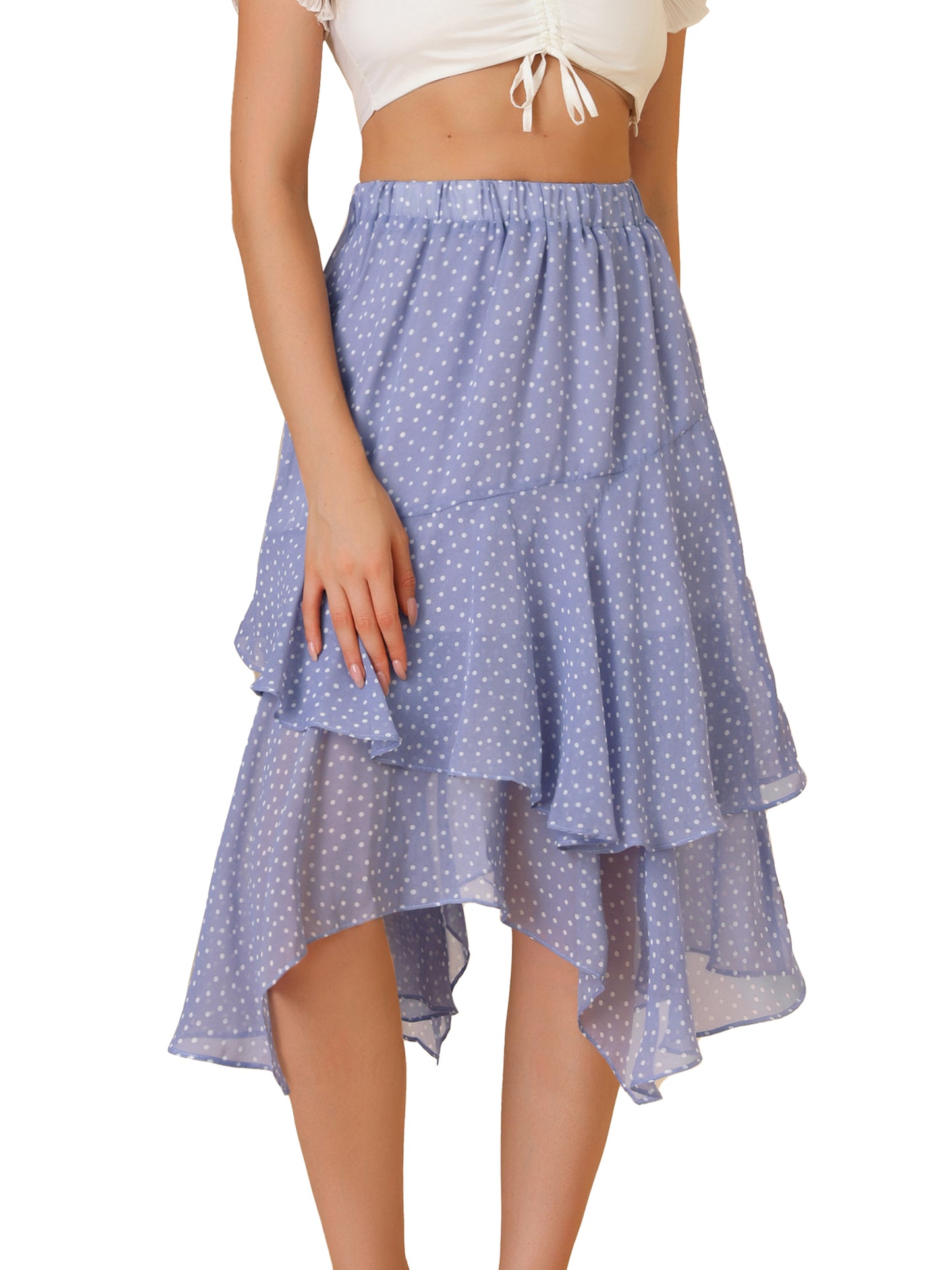 Women's Polka Dots Skirt Elastic High Waist Irregular Layered Chiffon Skirt
