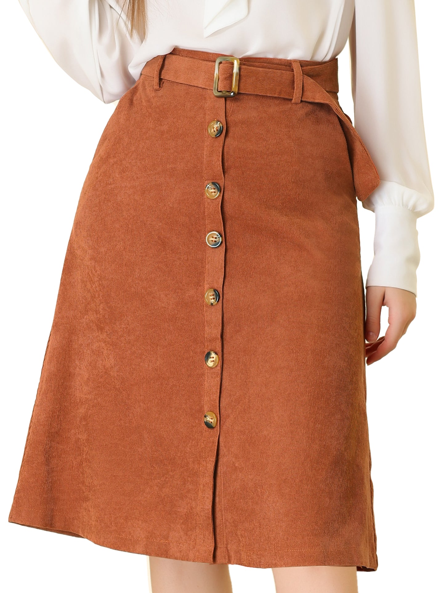 Women's Fall Button Front Belted Corduroy High Waist Midi Skirt (Available in Plus Size)