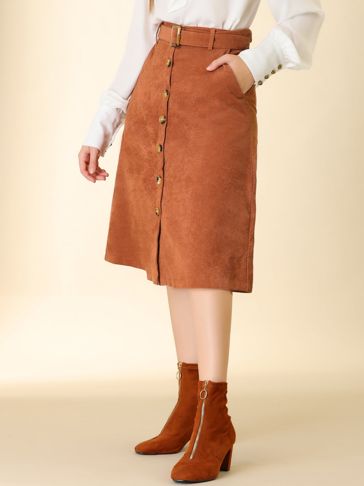 Women's Fall Button Front Belted Corduroy High Waist Midi Skirt (Available in Plus Size)