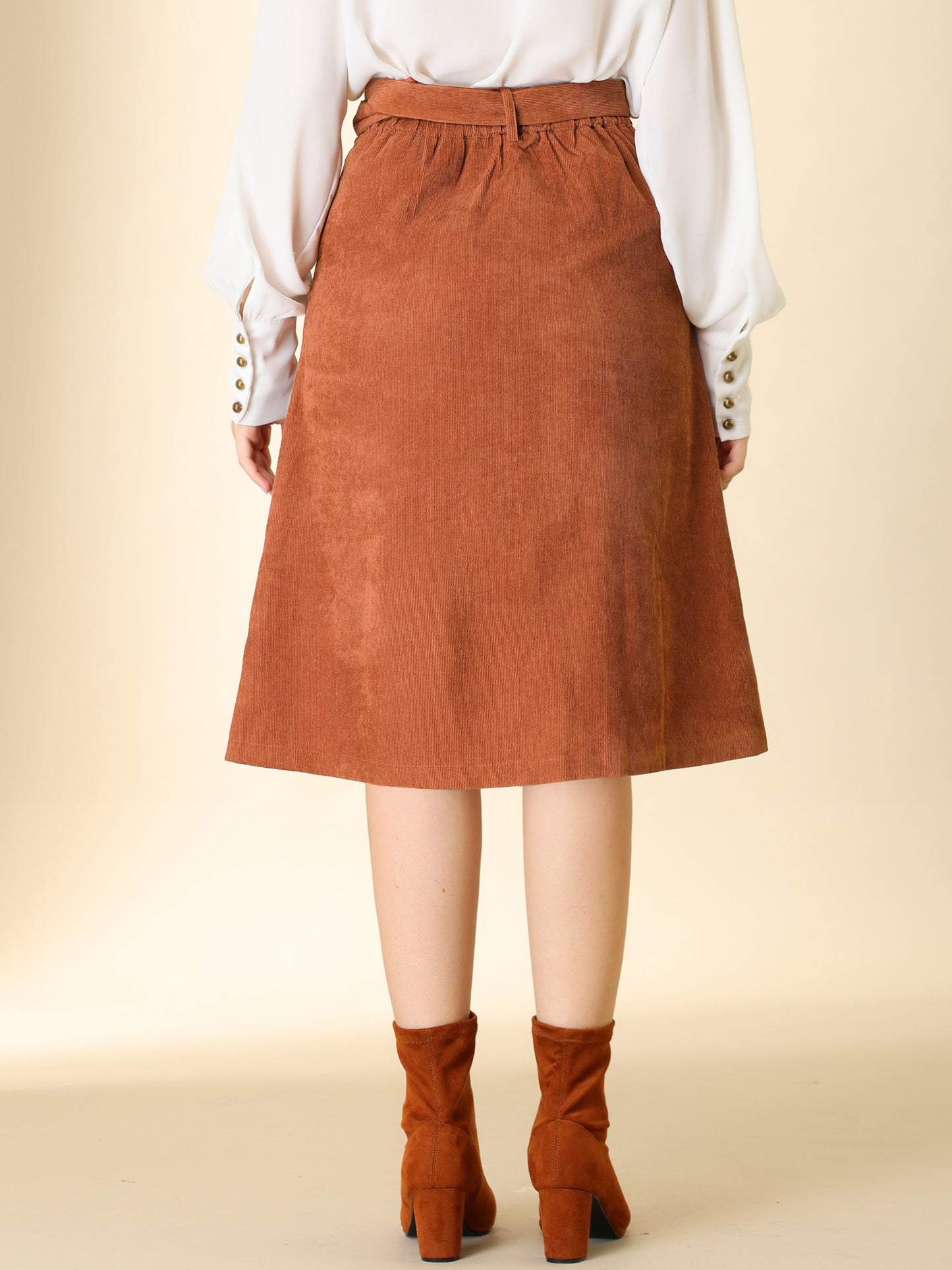 Women's Fall Button Front Belted Corduroy High Waist Midi Skirt (Available in Plus Size)