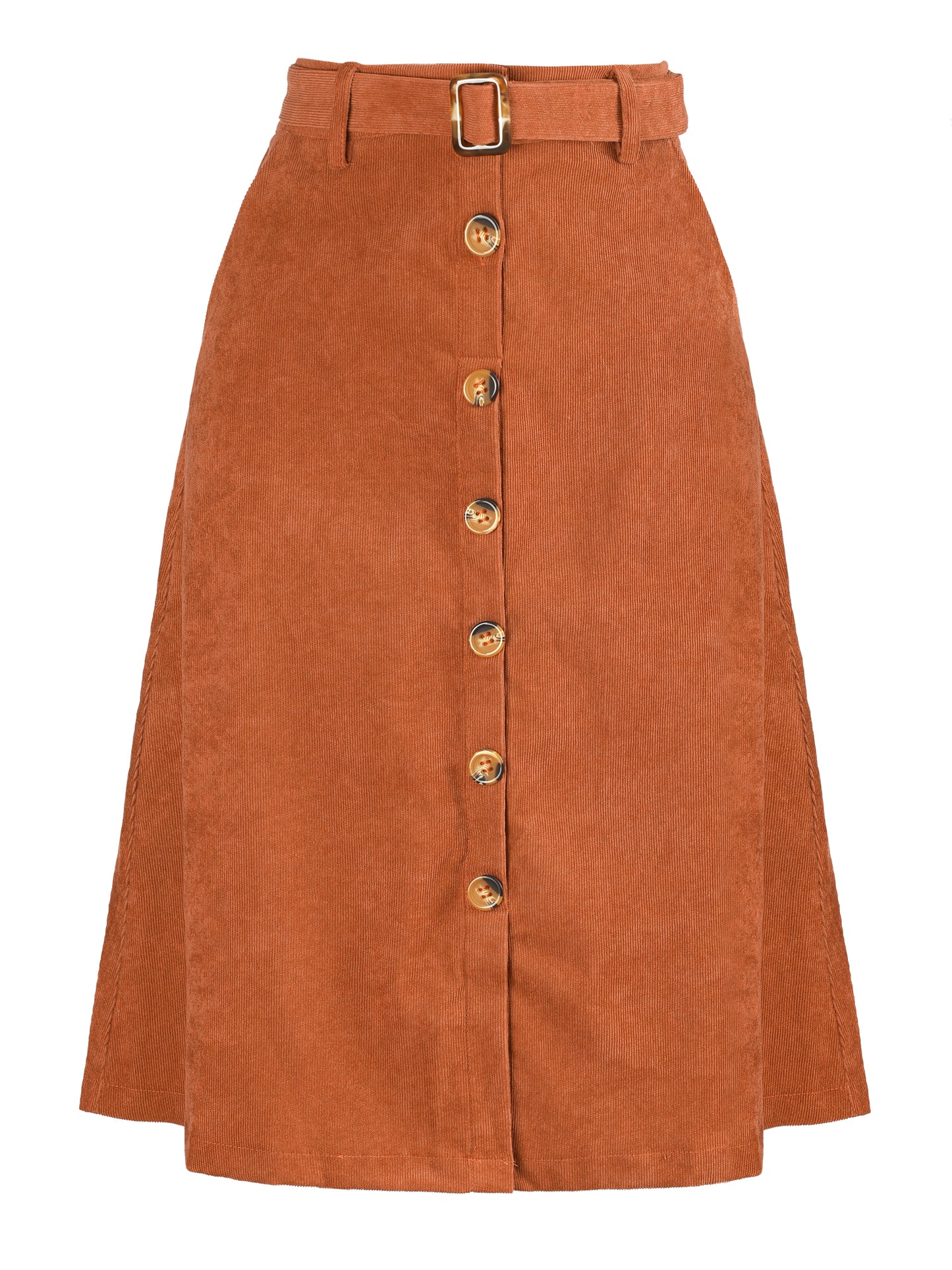Women's Fall Button Front Belted Corduroy High Waist Midi Skirt (Available in Plus Size)