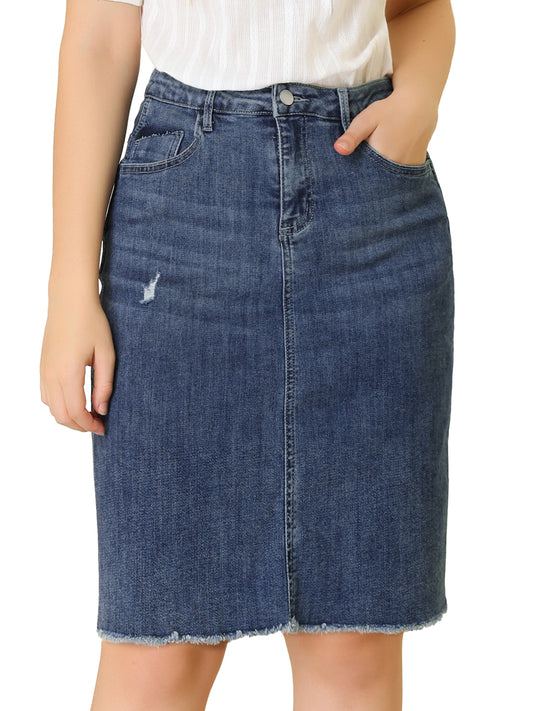 Women's Basic Distressed High Waist Ripped Hem Washed Jeans Denim Skirt