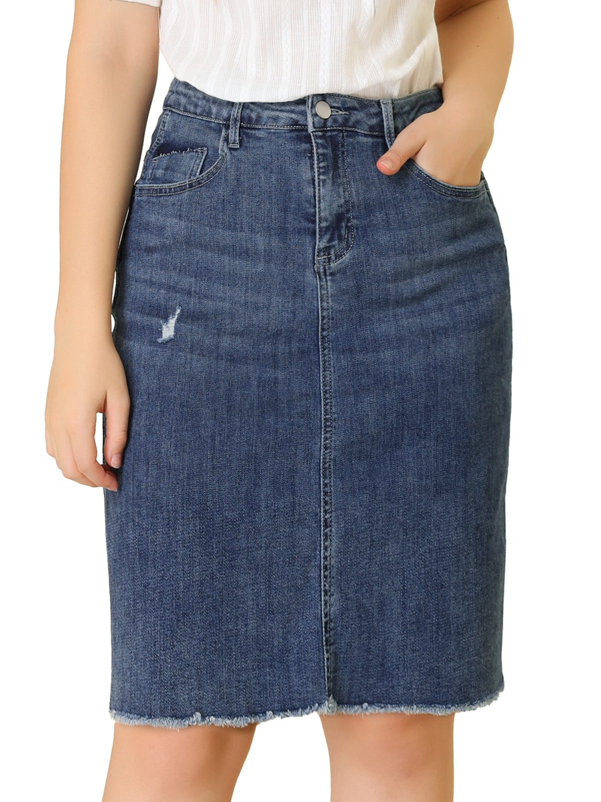 Women's Basic Distressed High Waist Ripped Hem Washed Jeans Denim Skirt (Available in Plus Size)