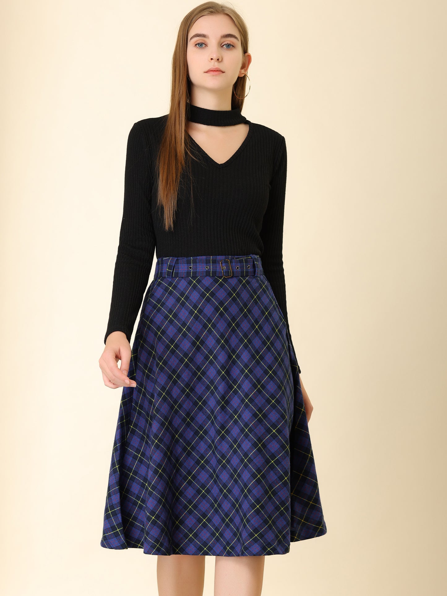 Women's Tartan Plaid High Waist Belted Vintage A-Line Midi Skirt