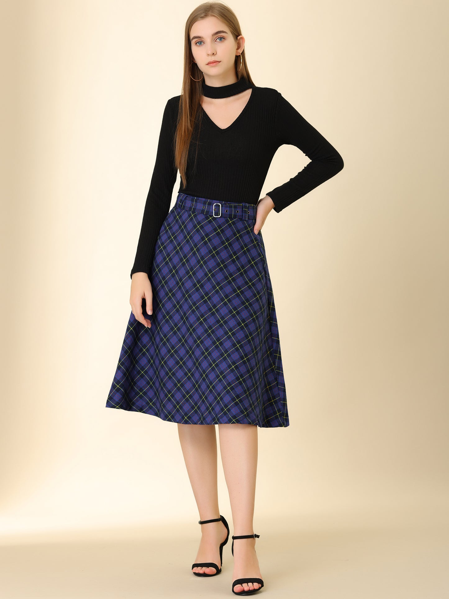 Women's Tartan Plaid High Waist Belted Vintage A-Line Midi Skirt