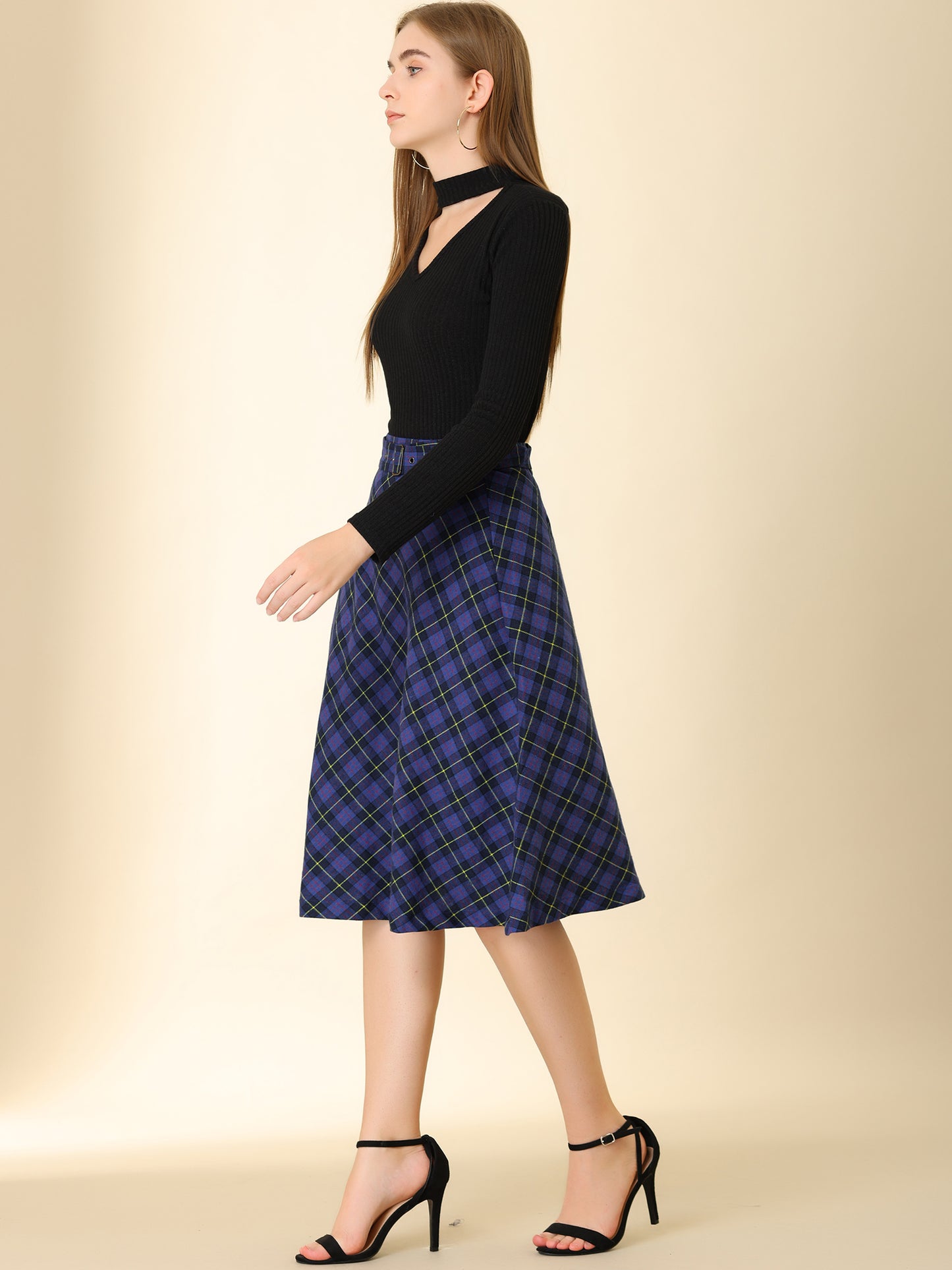 Women's Tartan Plaid High Waist Belted Vintage A-Line Midi Skirt