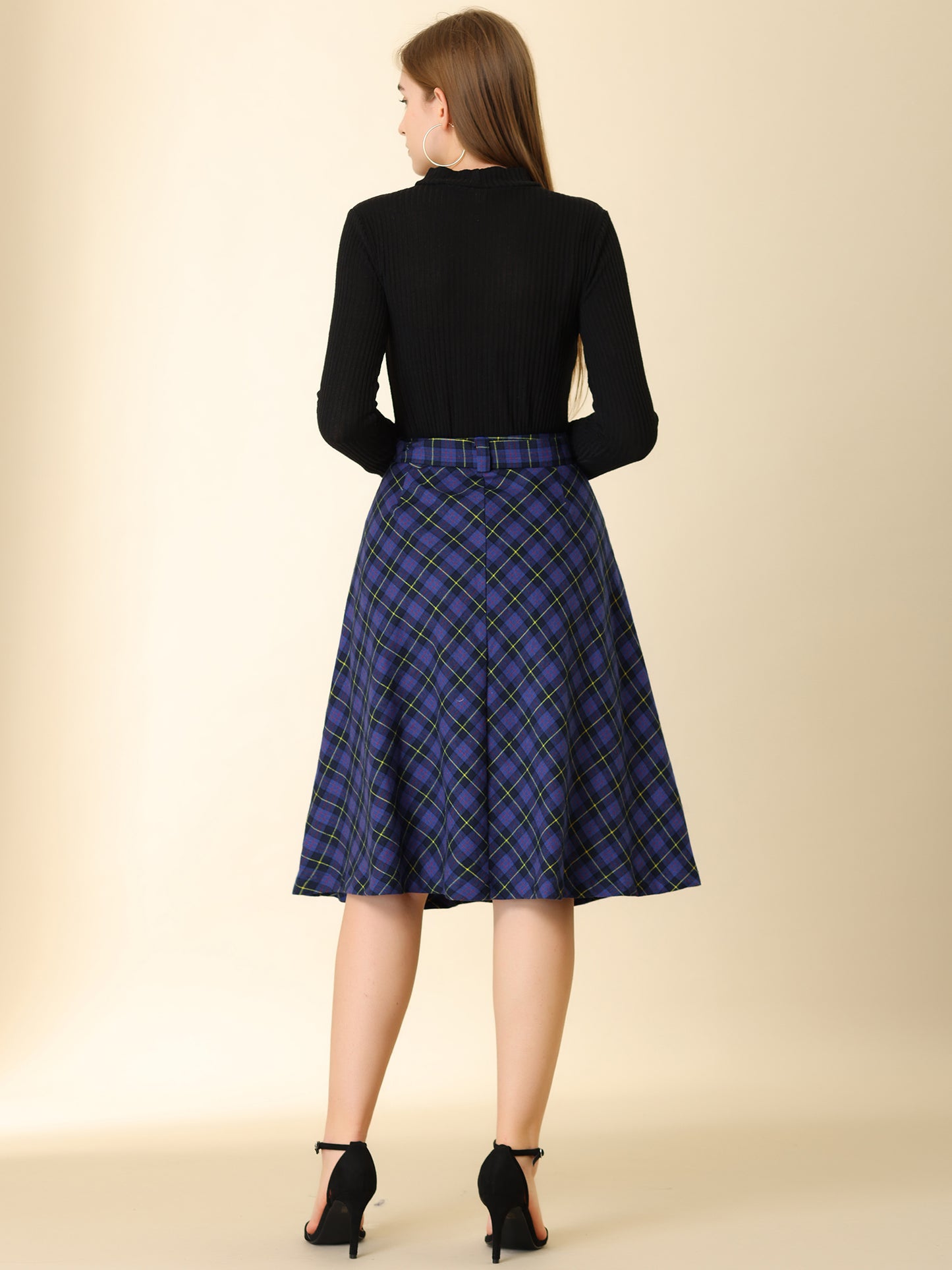 Women's Tartan Plaid High Waist Belted Vintage A-Line Midi Skirt