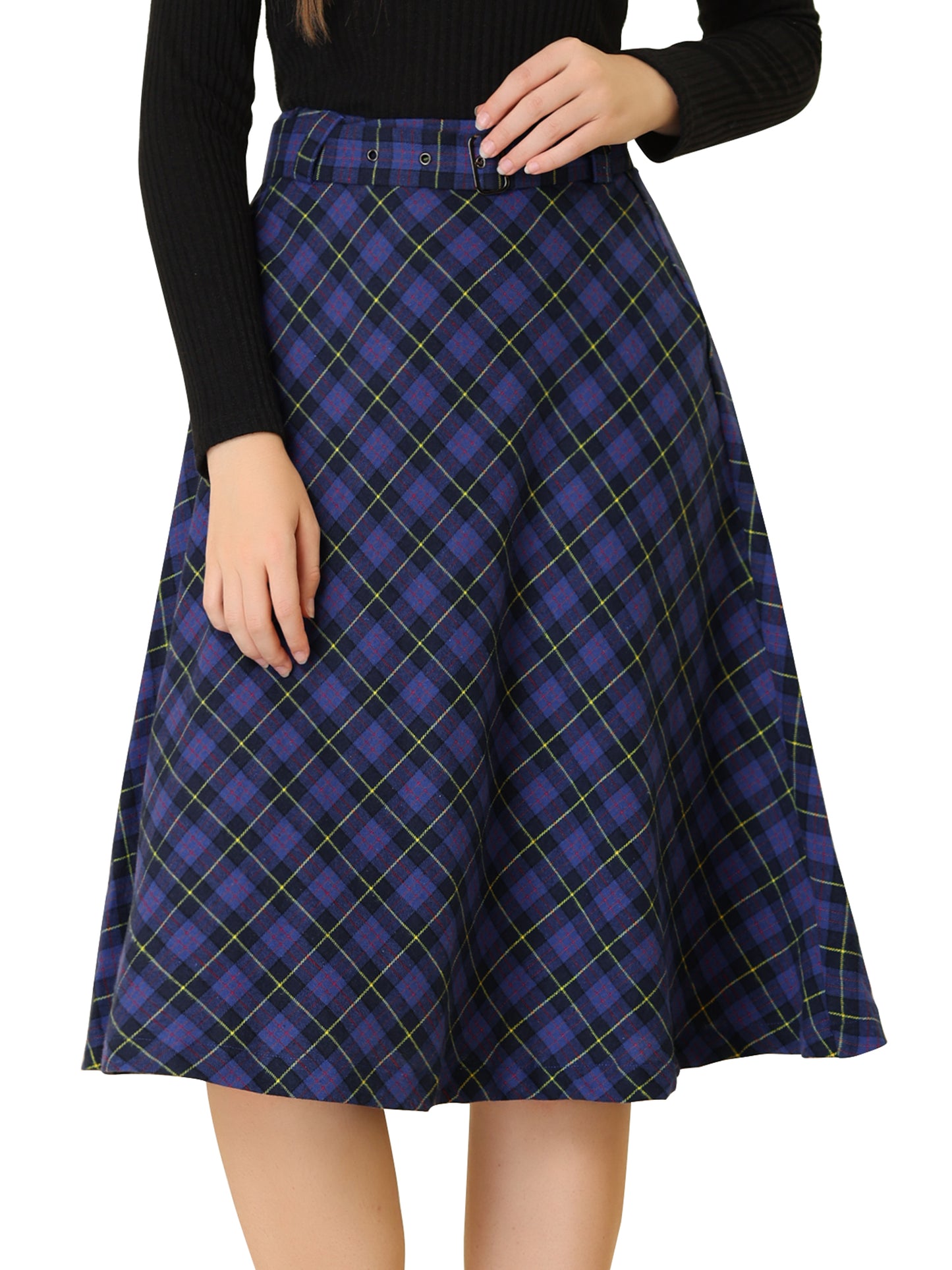 Women's Tartan Plaid High Waist Belted Vintage A-Line Midi Skirt
