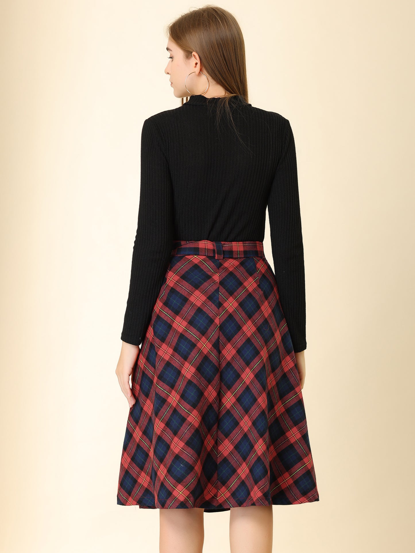Women's Tartan Plaid High Waist Belted Vintage A-Line Midi Skirt (Available in Plus Size)