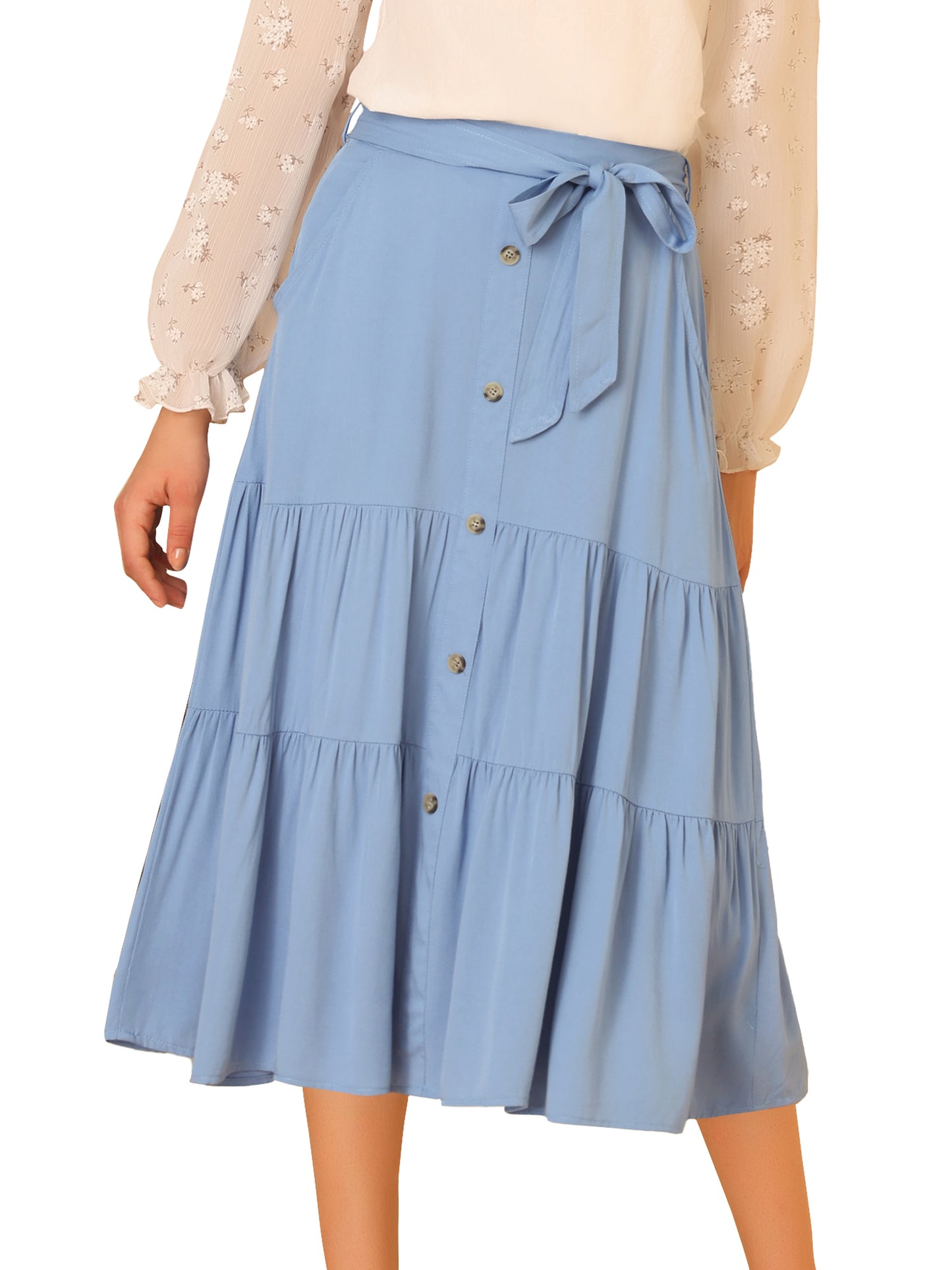Women's High Waist Button Decor A-Line Solid Color Tiered Midi Skirt