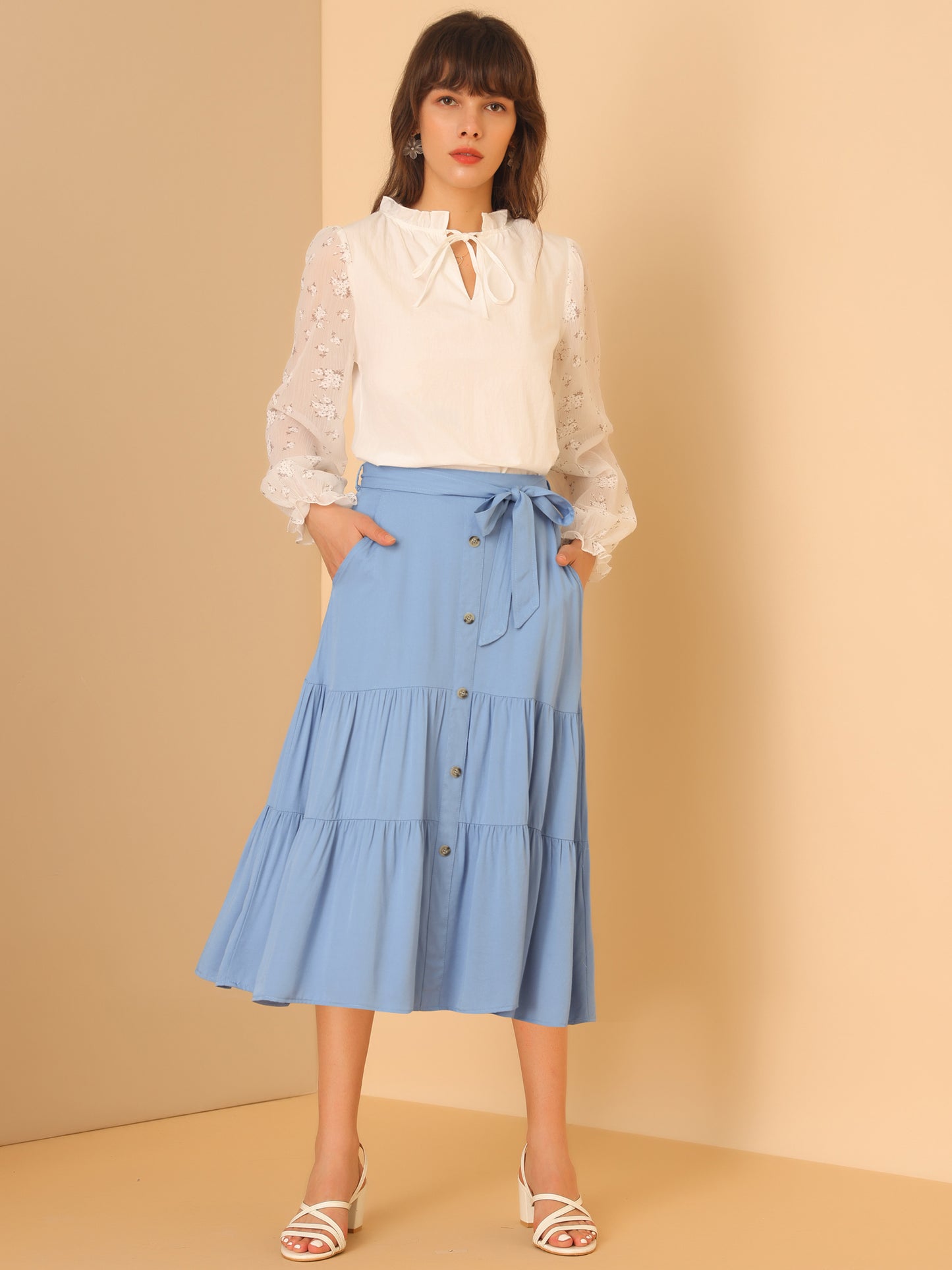 Women's High Waist Button Decor A-Line Solid Color Tiered Midi Skirt