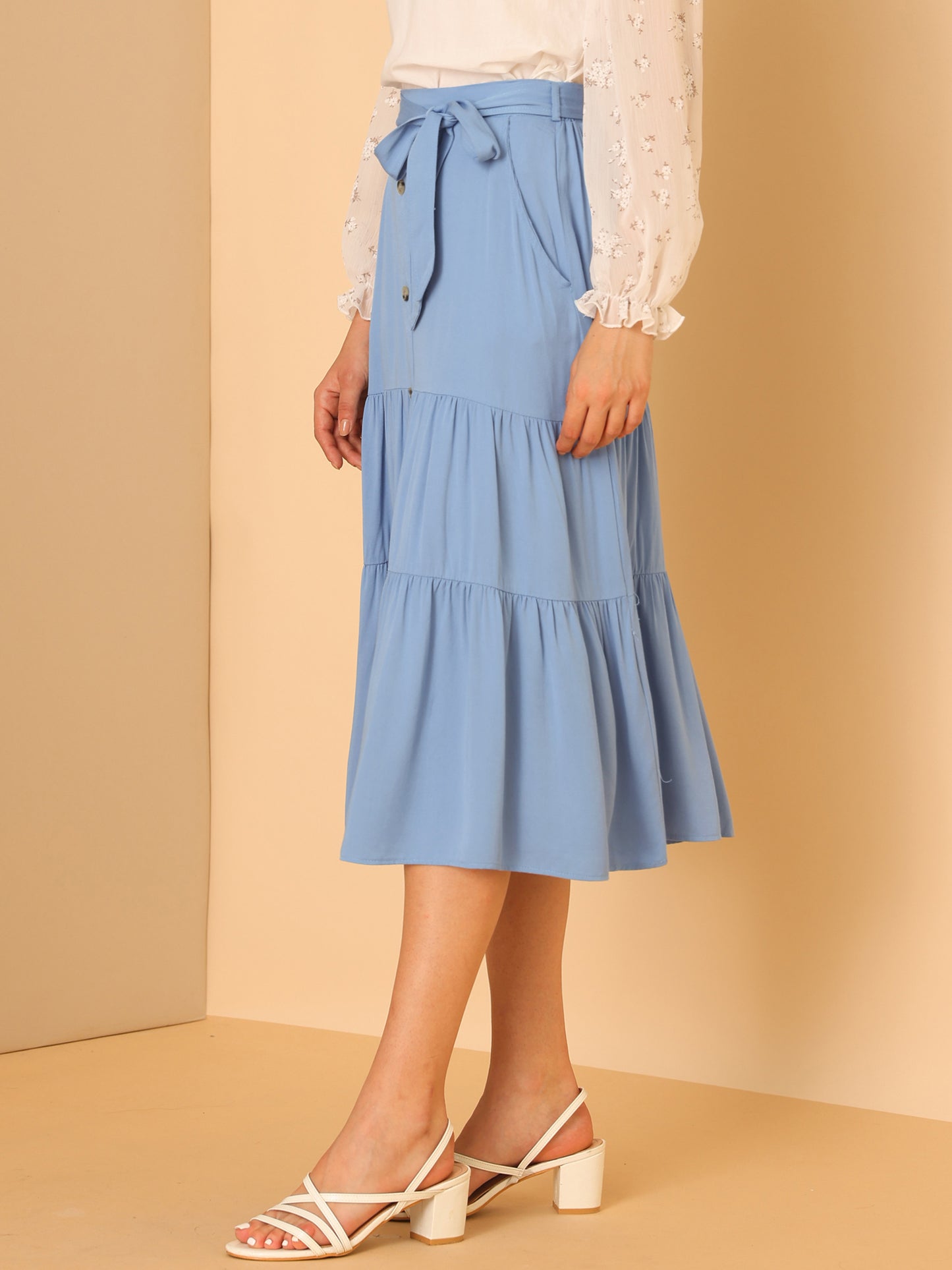 Women's High Waist Button Decor A-Line Solid Color Tiered Midi Skirt