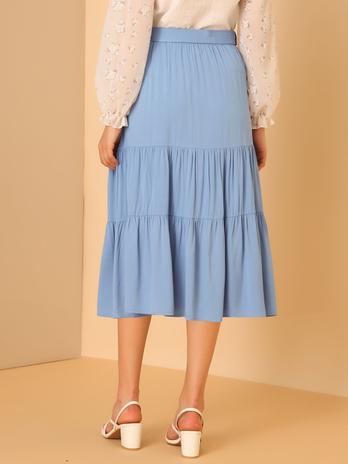 Women's High Waist Button Decor A-Line Solid Color Tiered Midi Skirt