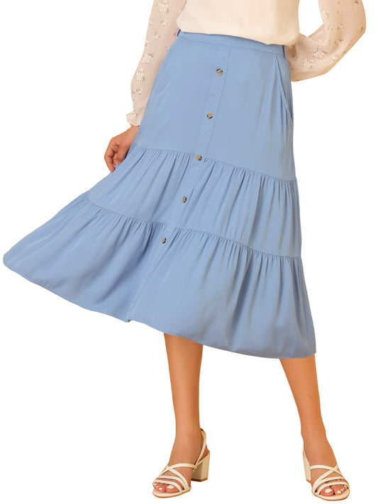 Women's High Waist Button Decor A-Line Solid Color Tiered Midi Skirt