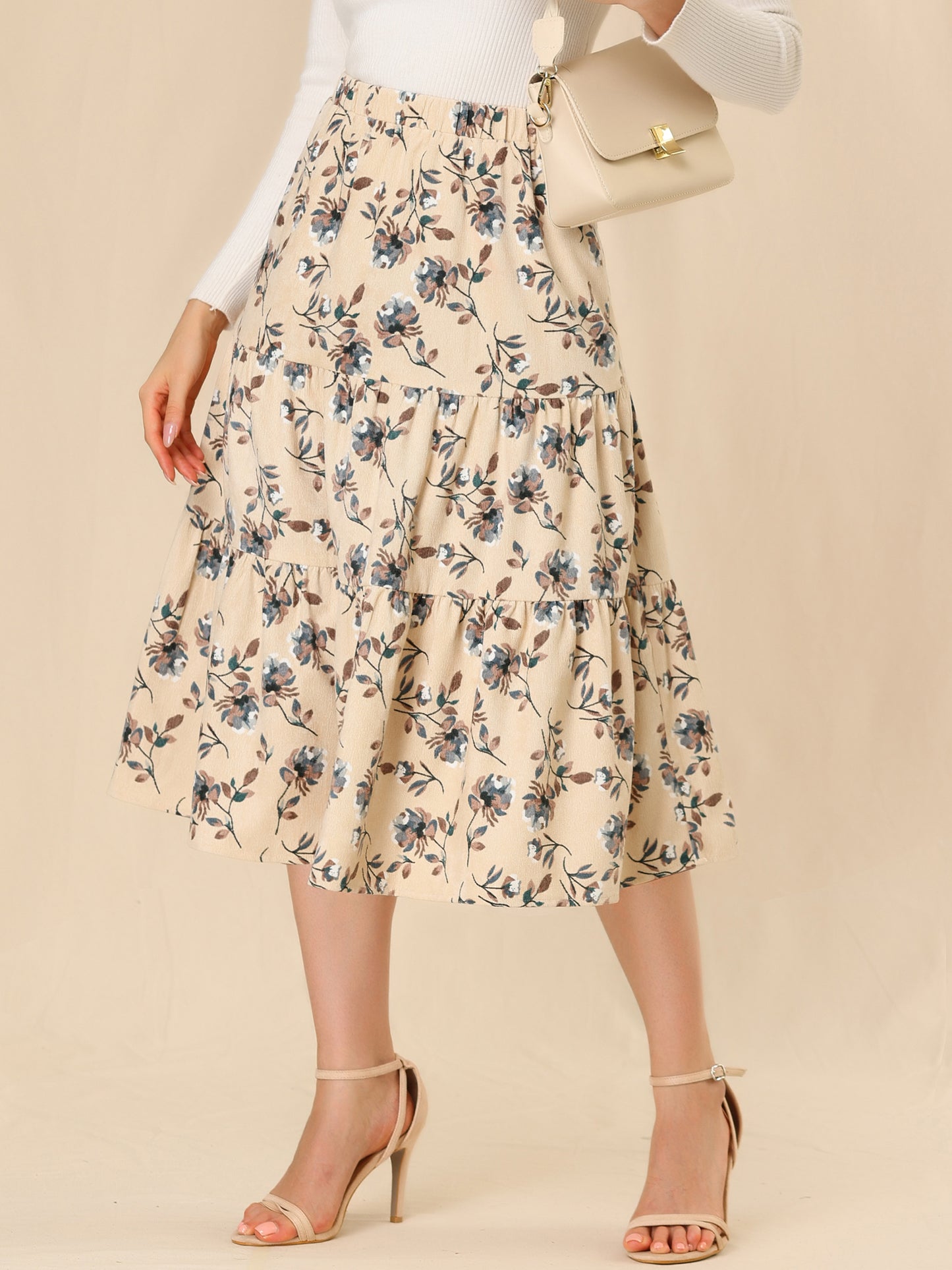 Falda midi de pana con cintura elástica para mujer, corte A, bolsillos, diseño floral escalonado, para otoño e invierno