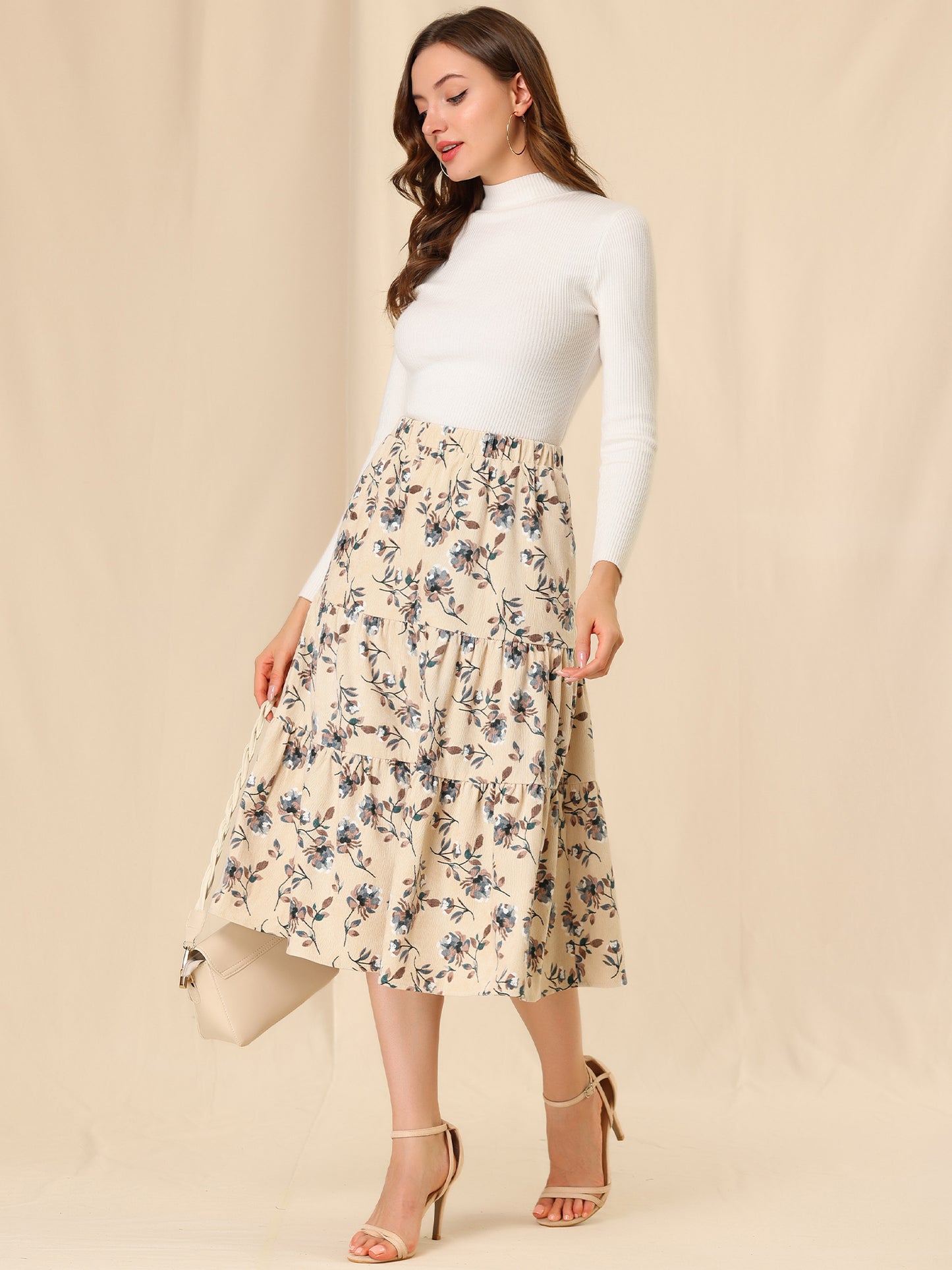 Falda midi de pana con cintura elástica para mujer, corte A, bolsillos, diseño floral escalonado, para otoño e invierno