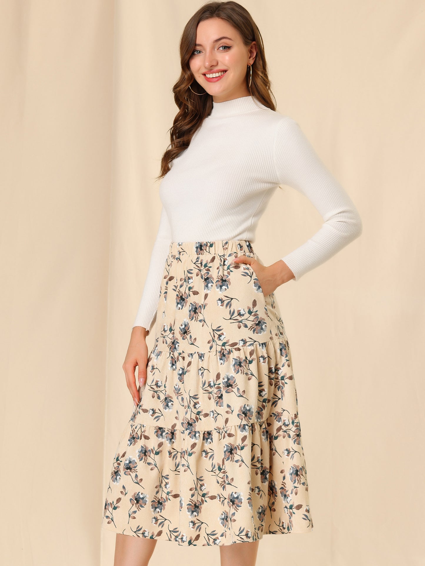 Falda midi de pana con cintura elástica para mujer, corte A, bolsillos, diseño floral escalonado, para otoño e invierno