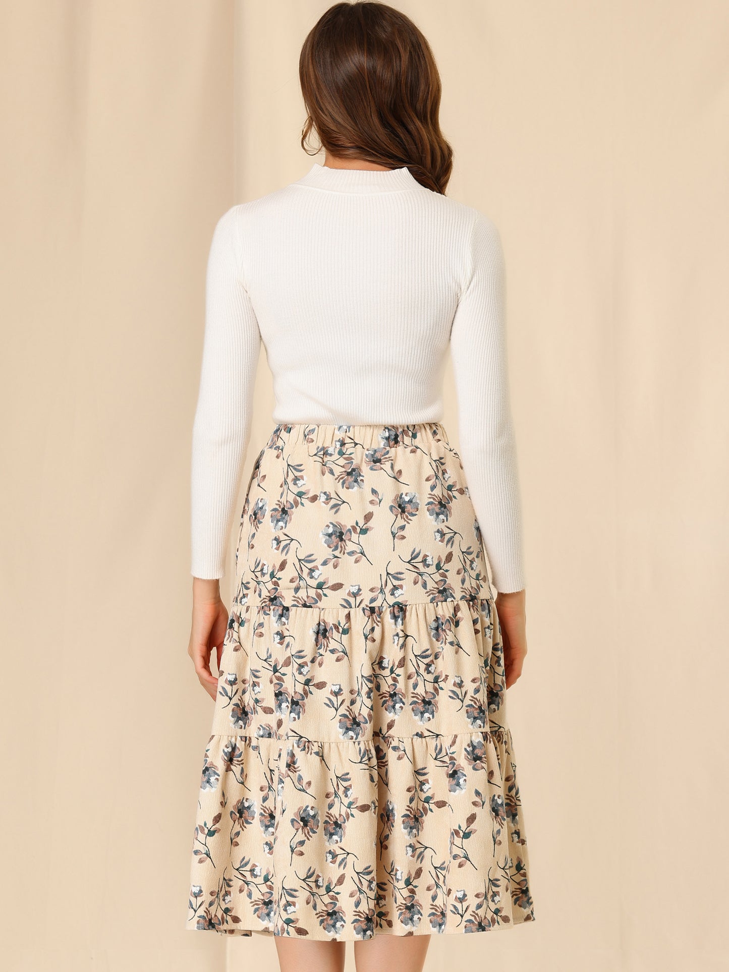 Falda midi de pana con cintura elástica para mujer, corte A, bolsillos, diseño floral escalonado, para otoño e invierno