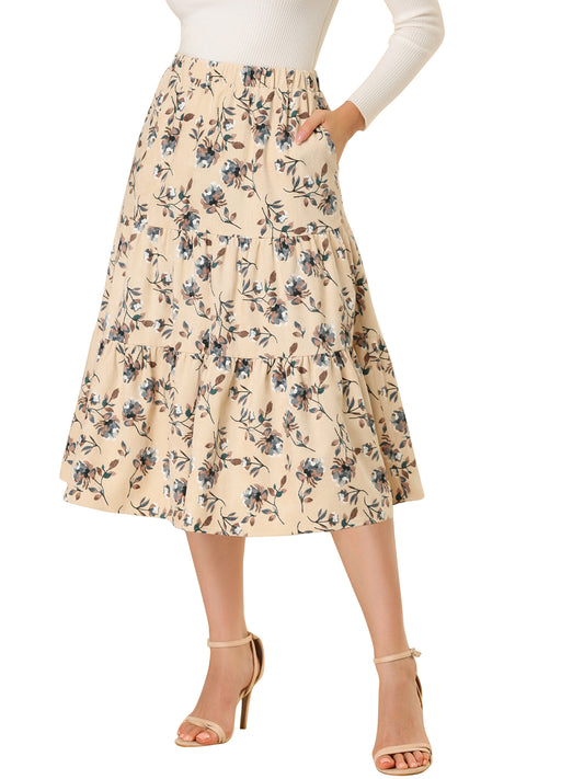 Women's Corduroy Elastic Waist Fall Winter A-Line Pockets Tiered Floral Midi Skirt