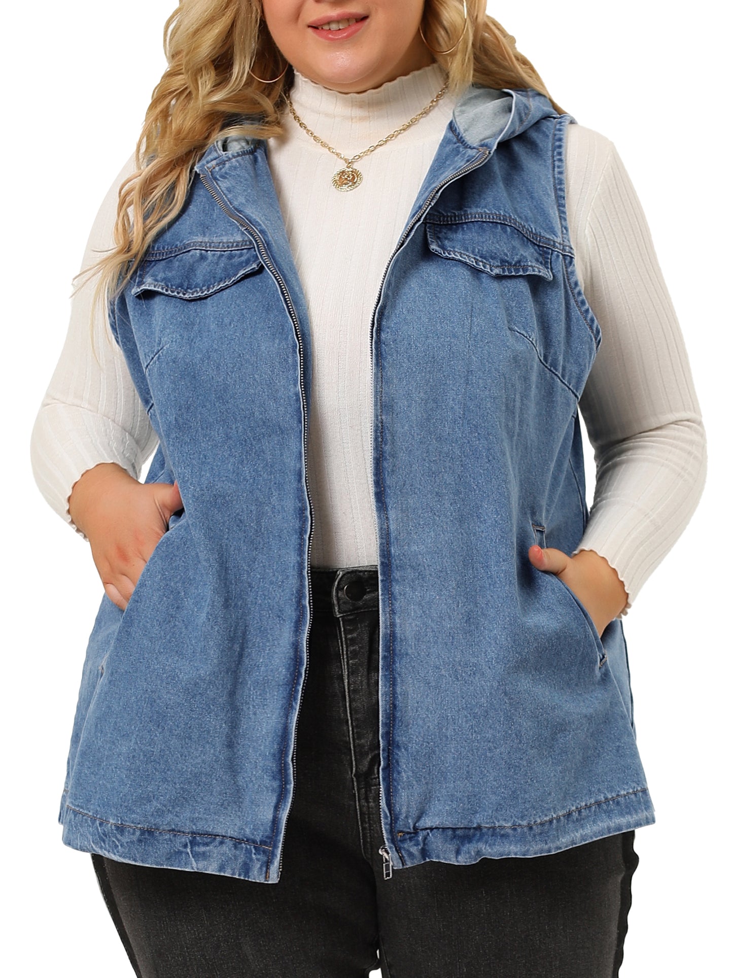 Women Plus Size Denim Vest Sleeveless Lightweight Hoodie Utility Denim Jacket Vest