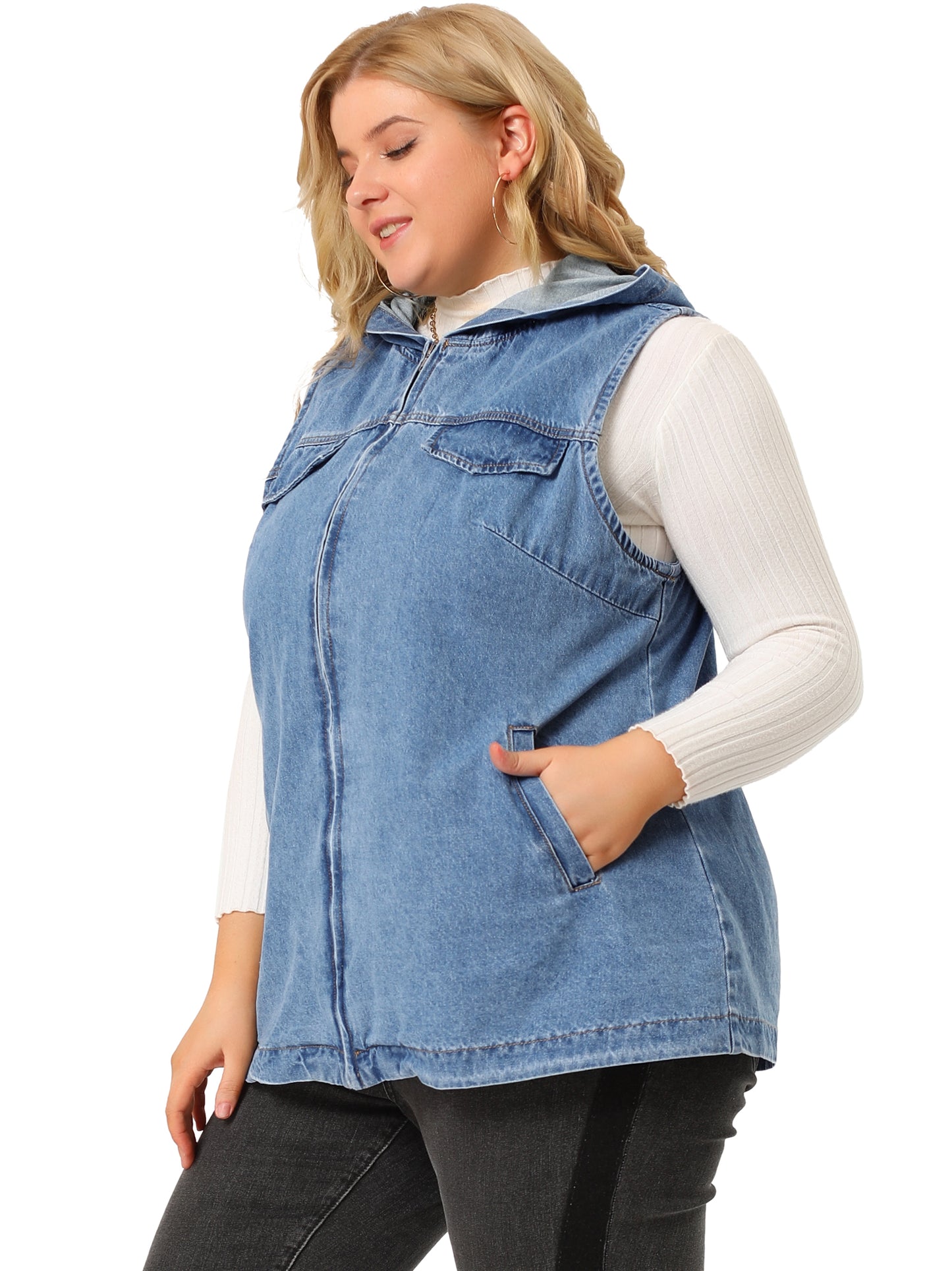 Women Plus Size Denim Vest Sleeveless Lightweight Hoodie Utility Denim Jacket Vest