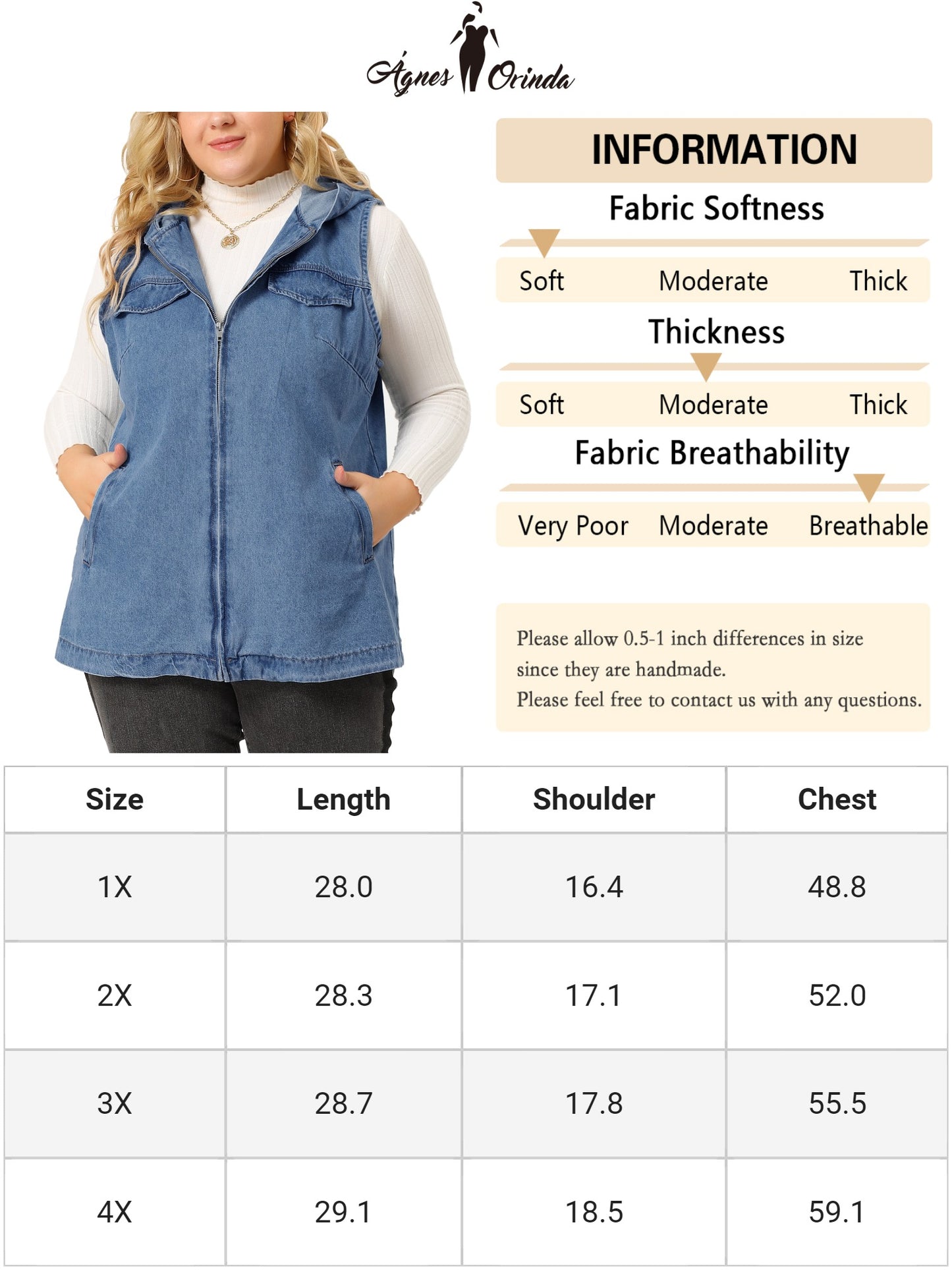 Women Plus Size Denim Vest Sleeveless Lightweight Hoodie Utility Denim Jacket Vest