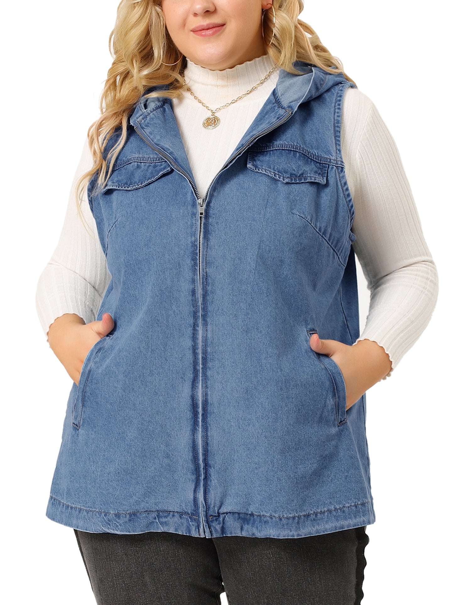 Women Plus Size Denim Vest Sleeveless Lightweight Hoodie Utility Denim Jacket Vest