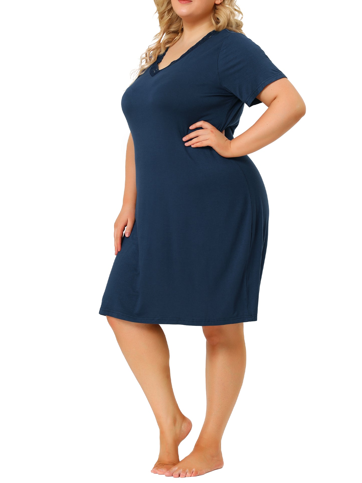 Women Plus Size Nightgowns Lace V Neck Short Sleeve Loungewear Sleepwear Dress