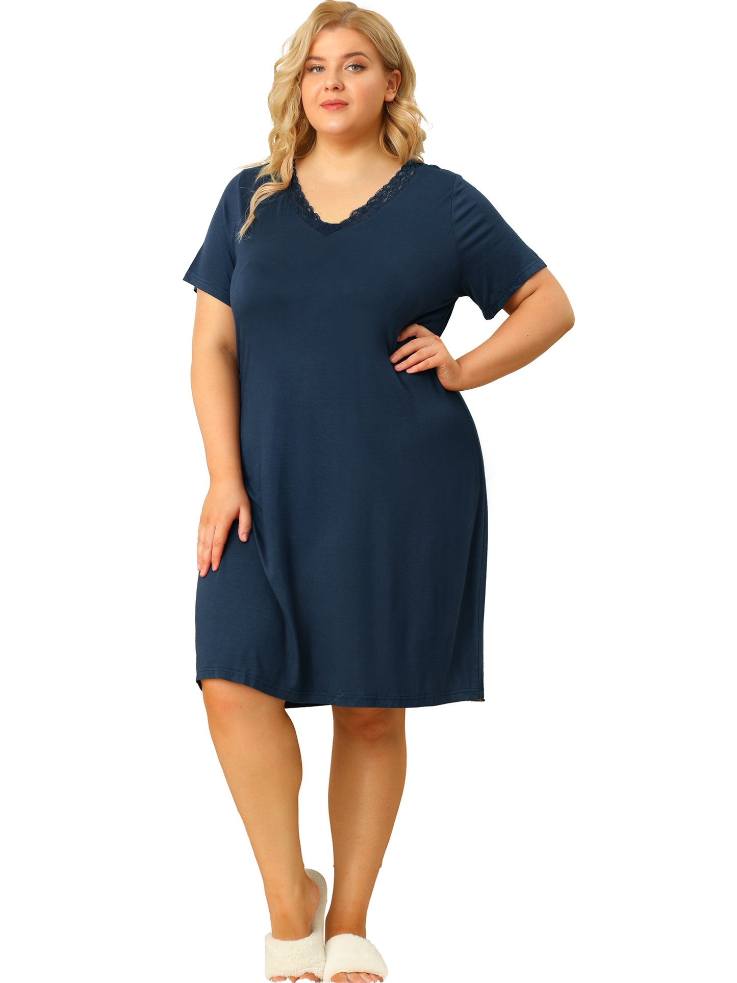 Women Plus Size Nightgowns Lace V Neck Short Sleeve Loungewear Sleepwear Dress