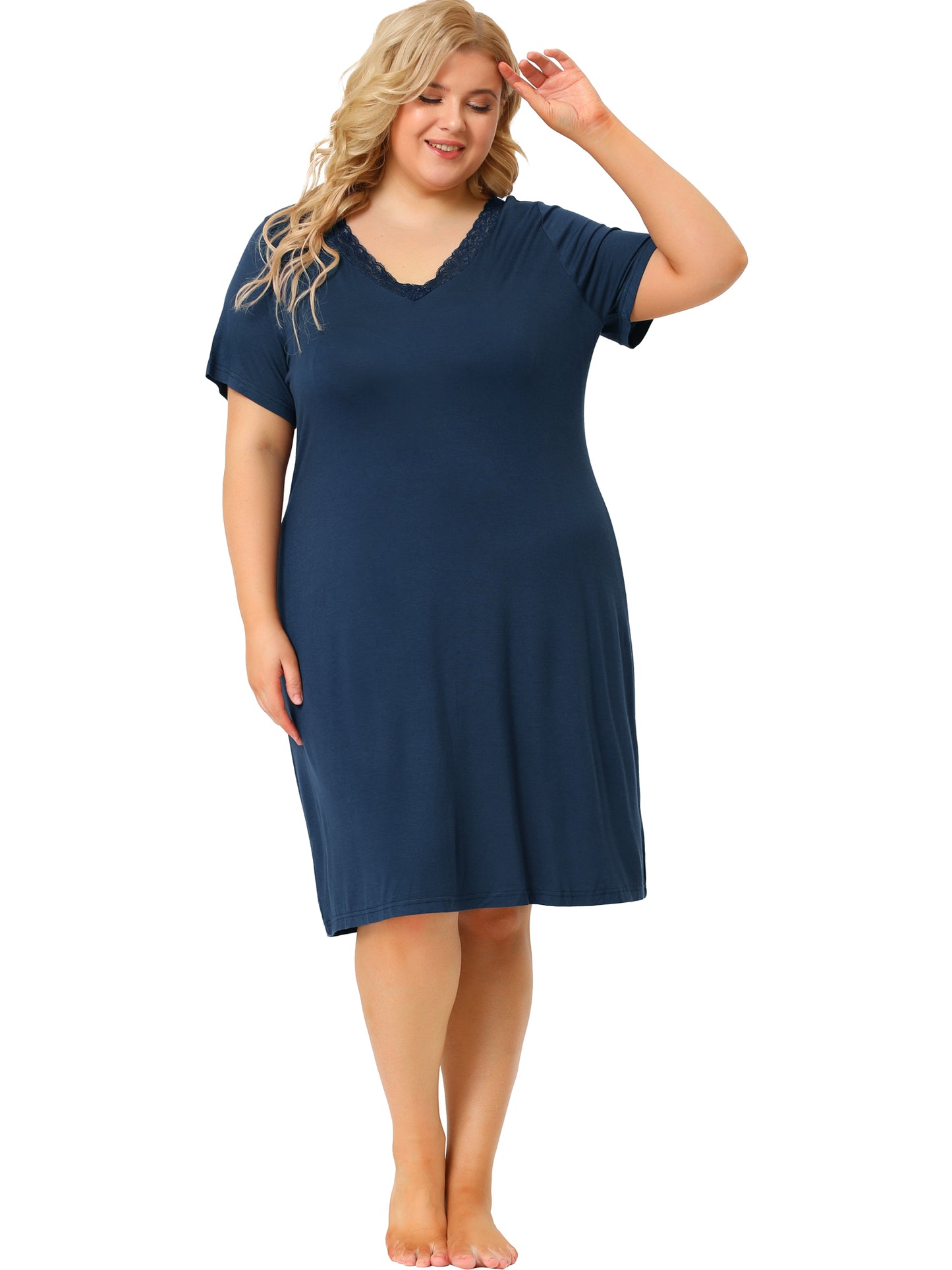 Women Plus Size Nightgowns Lace V Neck Short Sleeve Loungewear Sleepwear Dress