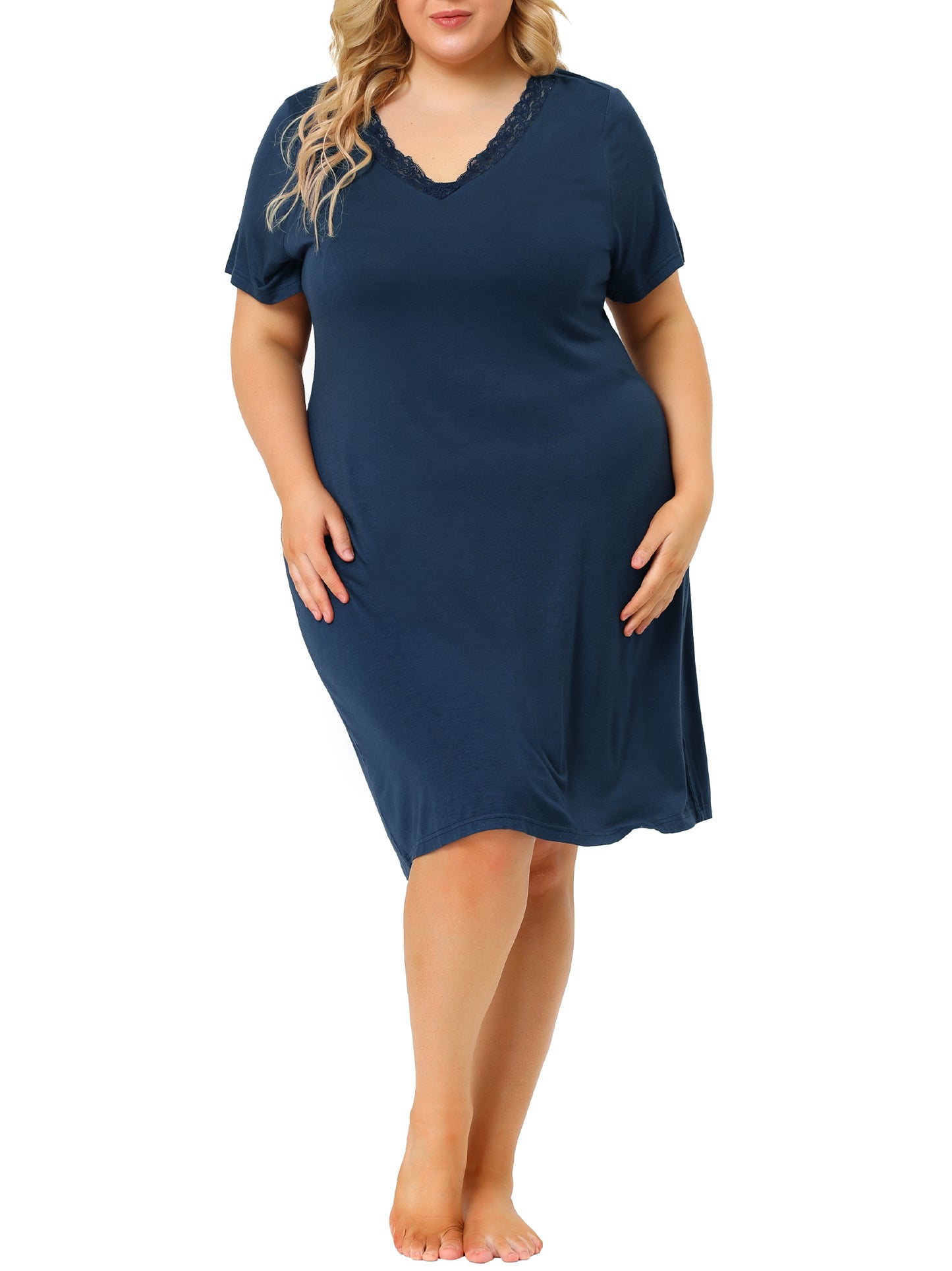 Women Plus Size Nightgowns Lace V Neck Short Sleeve Loungewear Sleepwear Dress