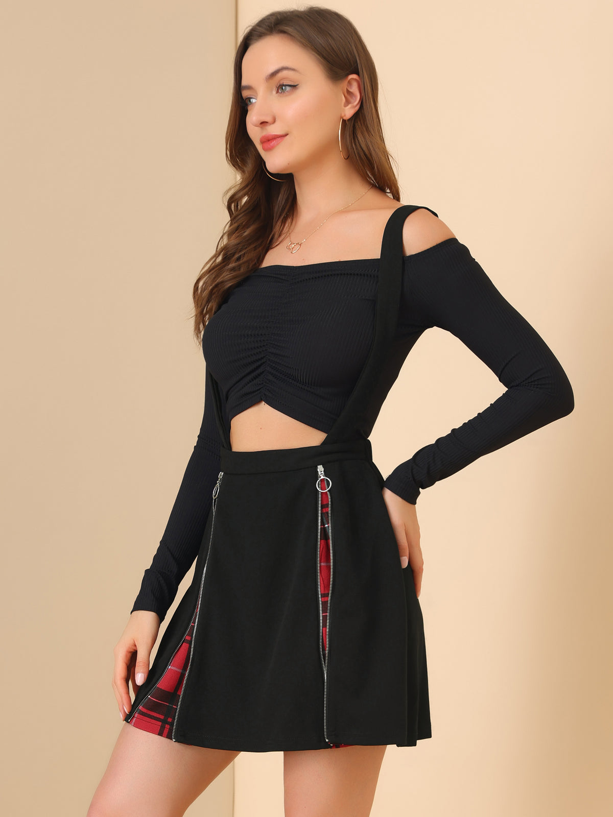 Women's Plaid Zipper Removable Straps Overall Suspender Skirt