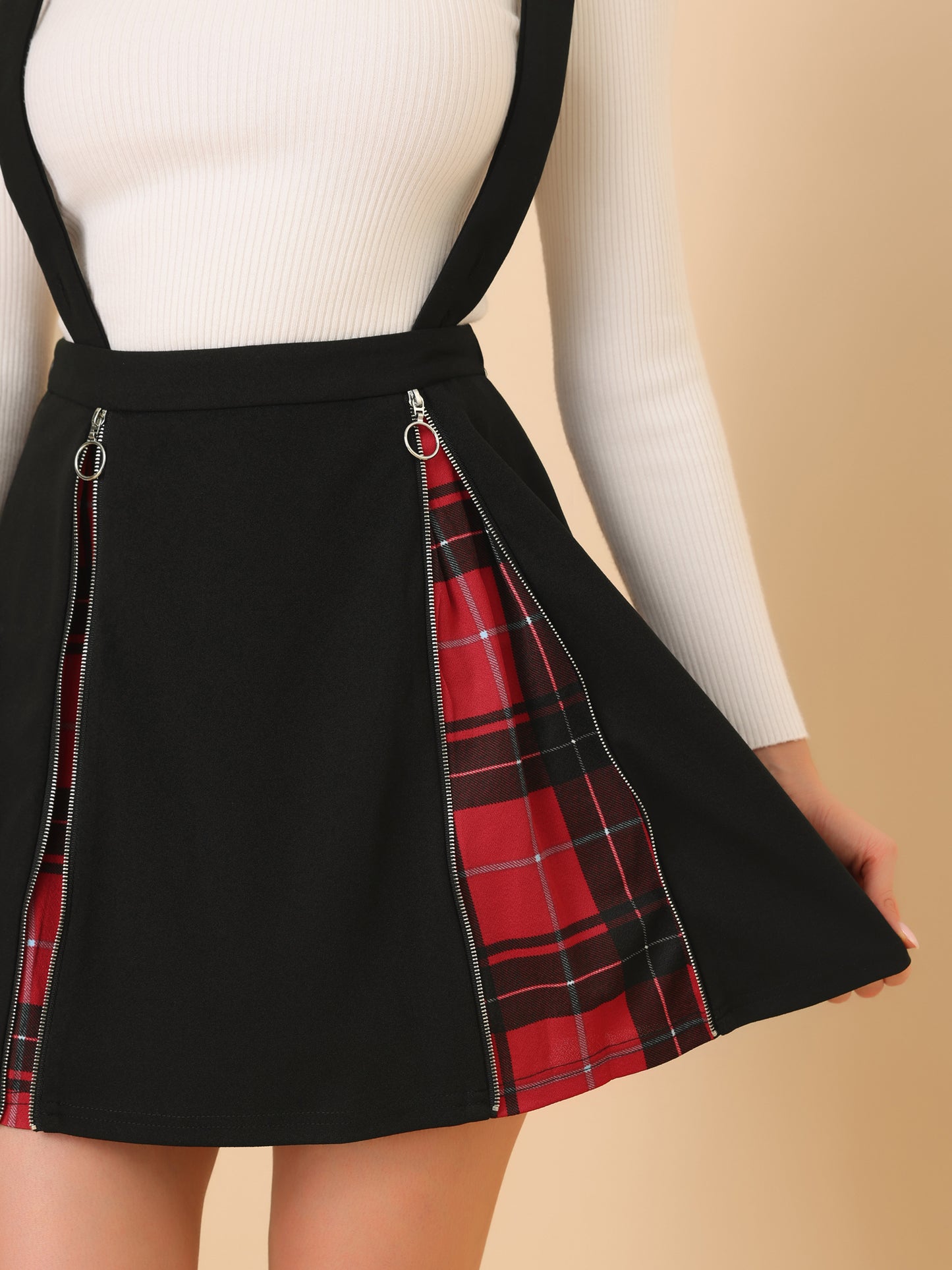 Women's Plaid Zipper Removable Straps Overall Suspender Skirt