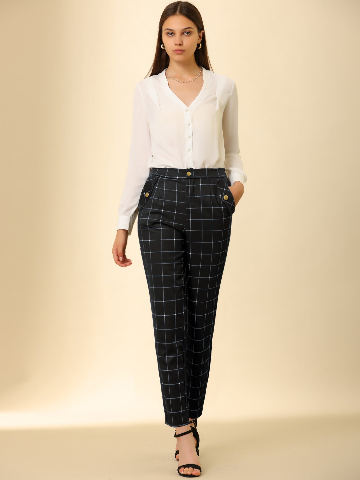 Women's Retro Tartan Plaid Pants Elastic Waist Straight Long Trousers (Available in Plus Size)