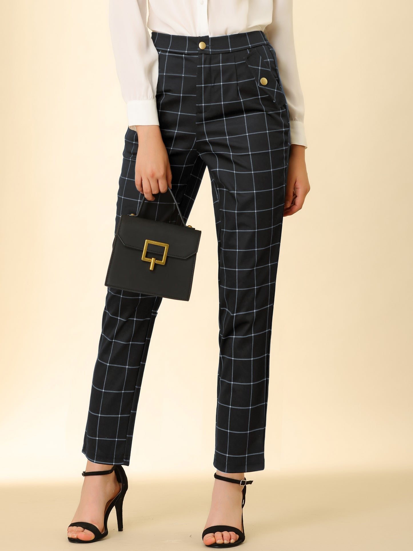 Women's Retro Tartan Plaid Pants Elastic Waist Straight Long Trousers (Available in Plus Size)