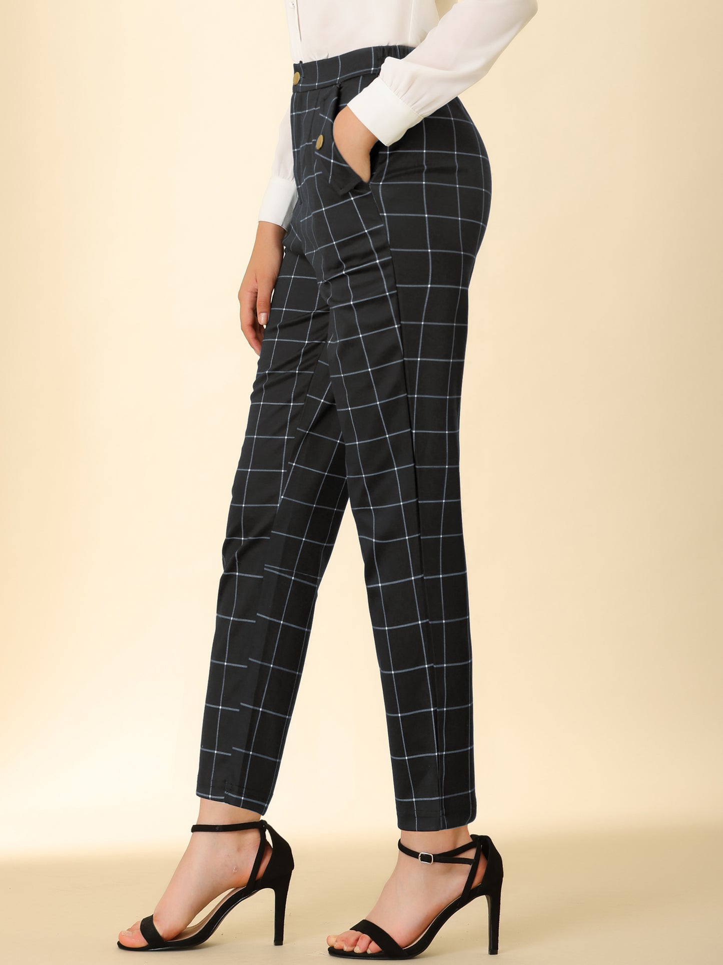 Women's Retro Tartan Plaid Pants Elastic Waist Straight Long Trousers (Available in Plus Size)