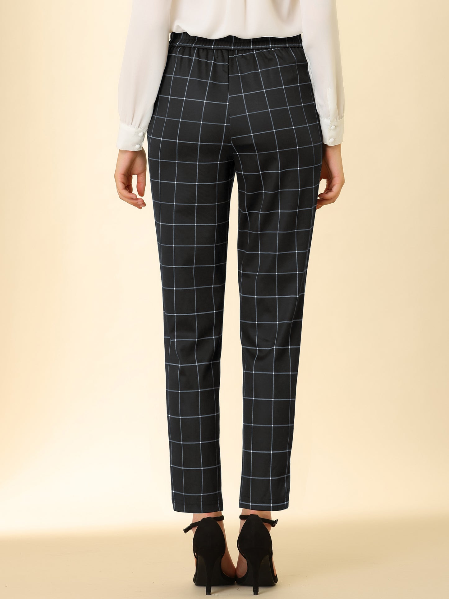Women's Retro Tartan Plaid Pants Elastic Waist Straight Long Trousers (Available in Plus Size)