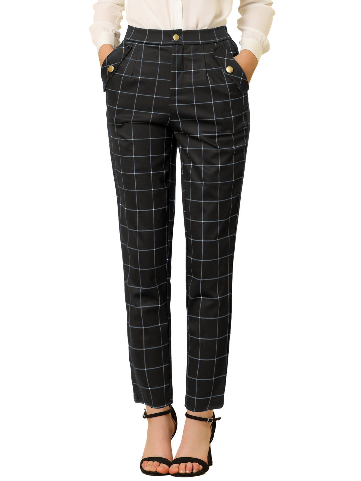 Women's Retro Tartan Plaid Pants Elastic Waist Straight Long Trousers (Available in Plus Size)