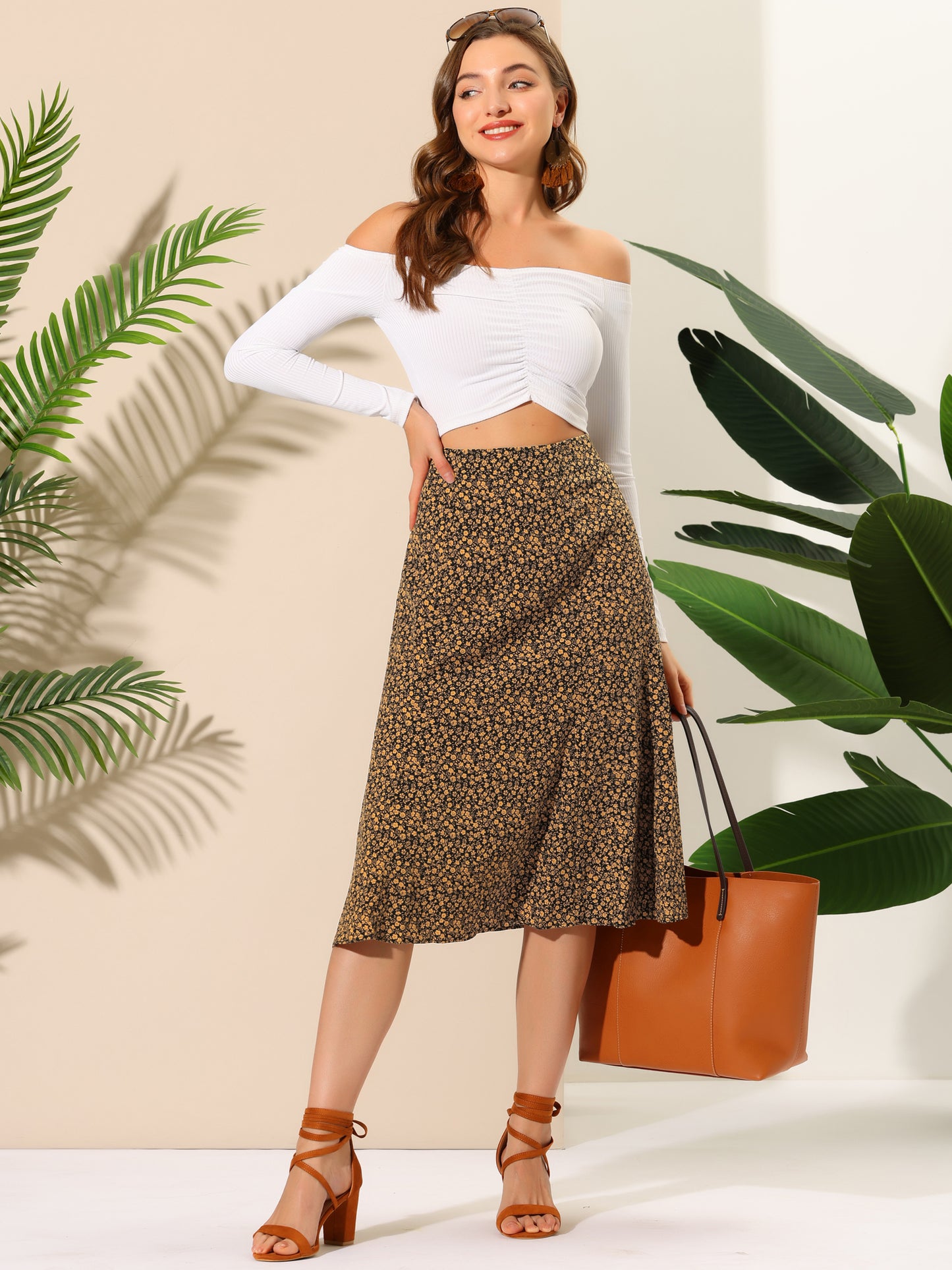 Falda midi floral para mujer, cintura elástica, corte A, estampado de florecitas