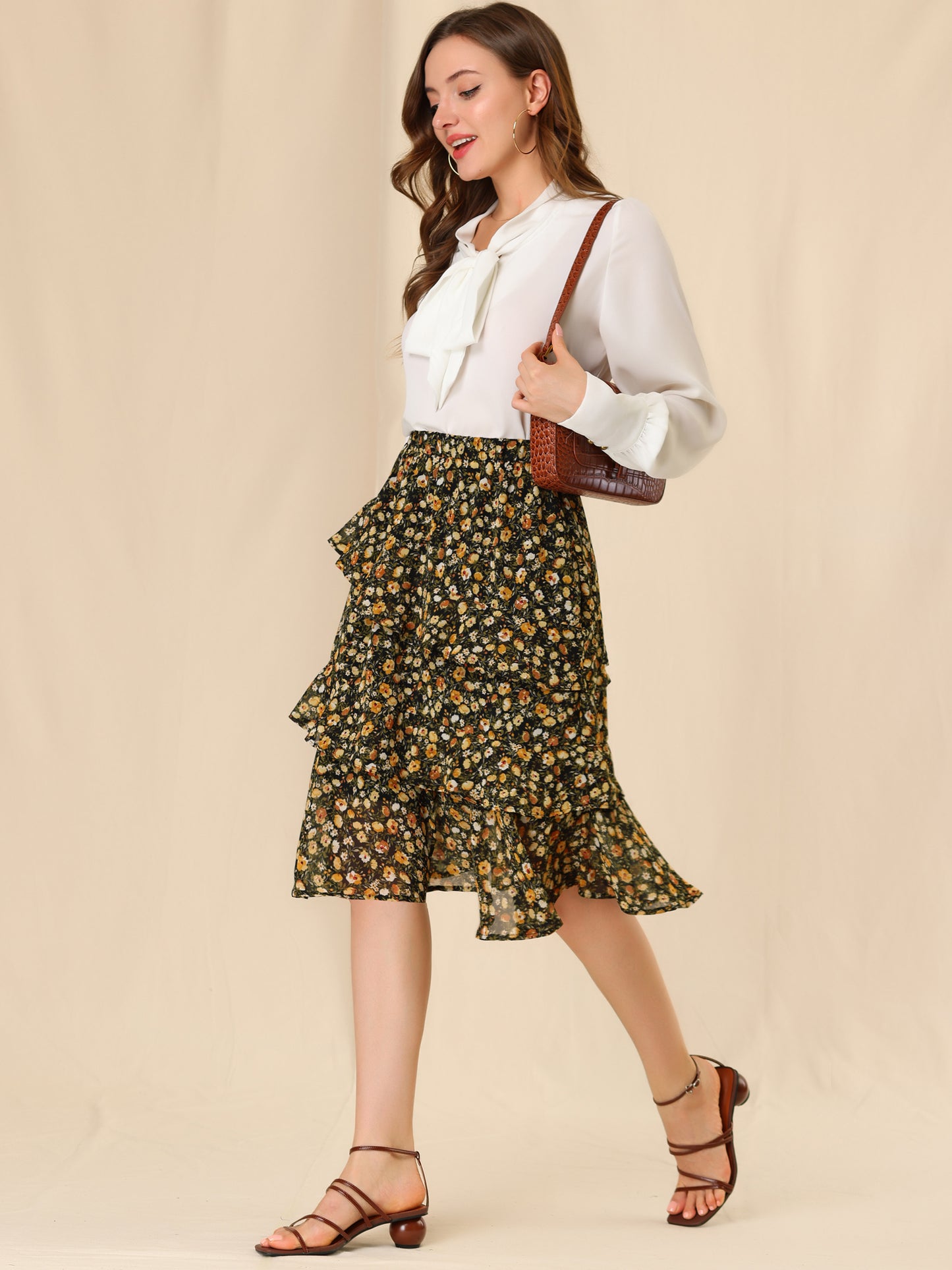 Falda midi de gasa con volantes, cintura elástica y diseño floral para mujer