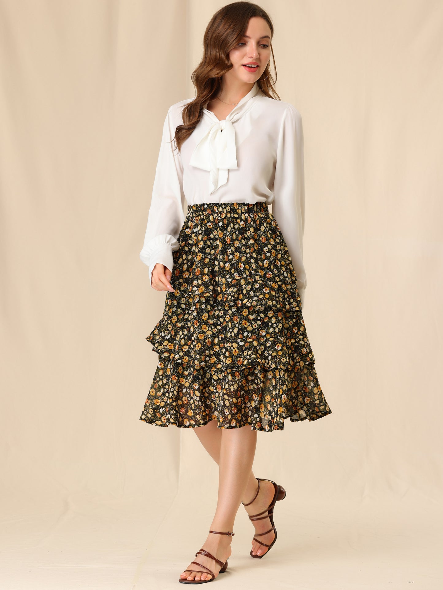 Falda midi de gasa con volantes, cintura elástica y diseño floral para mujer