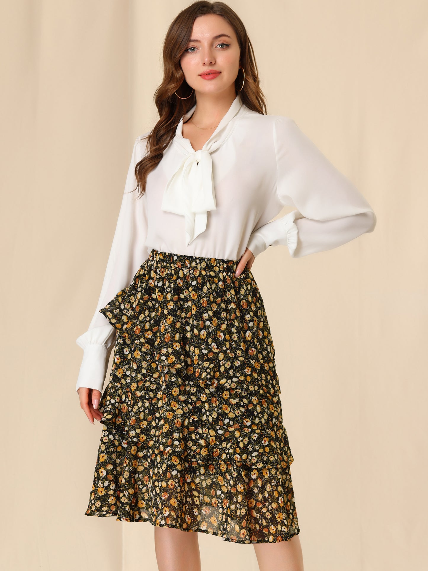 Falda midi de gasa con volantes, cintura elástica y diseño floral para mujer