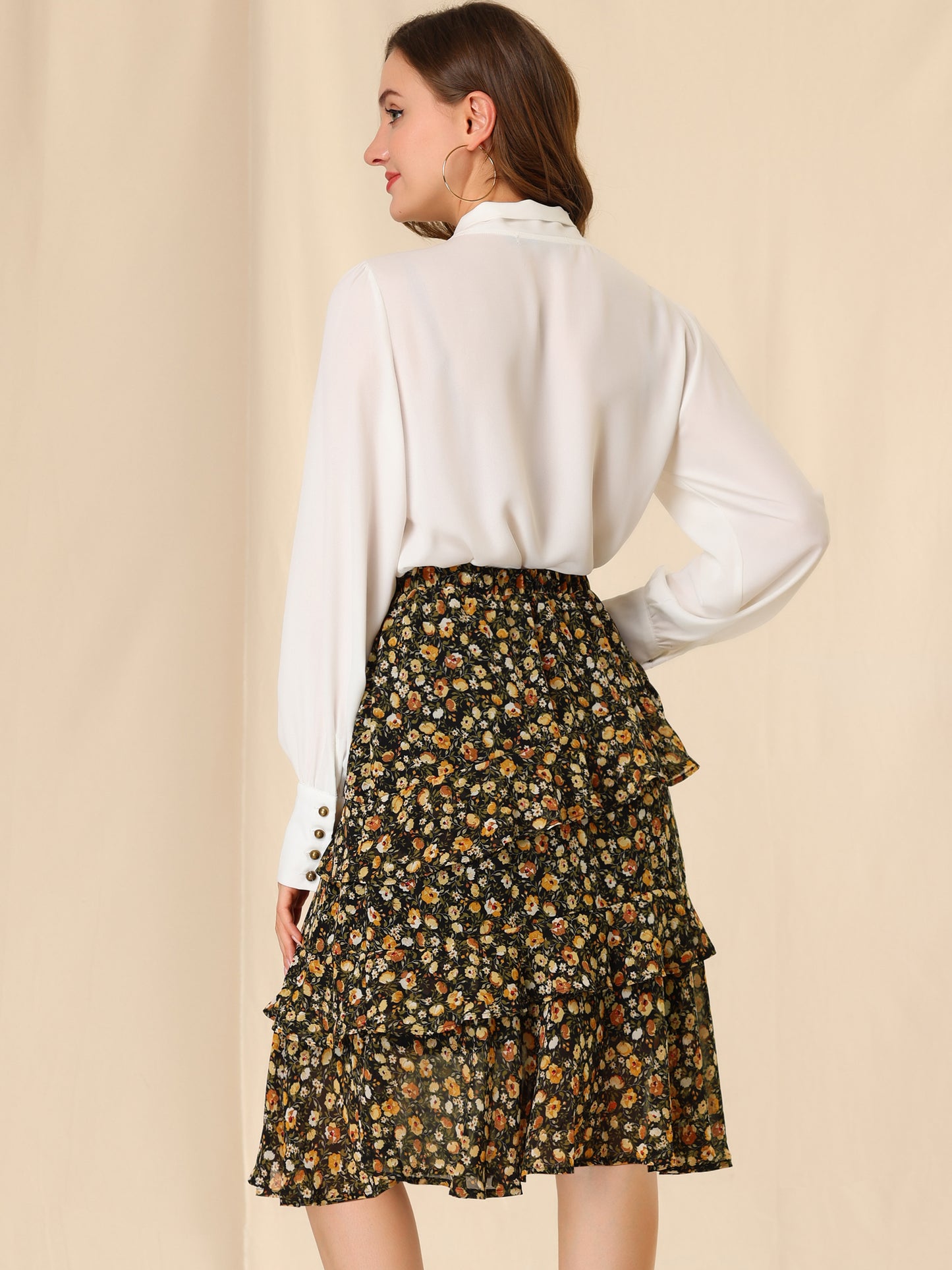 Falda midi de gasa con volantes, cintura elástica y diseño floral para mujer
